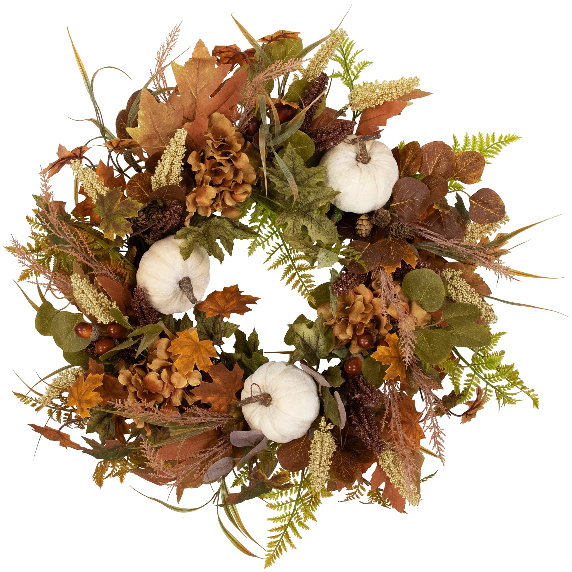 26&#x22; White Pumpkins &#x26; Leaves Fall Harvest Wreath