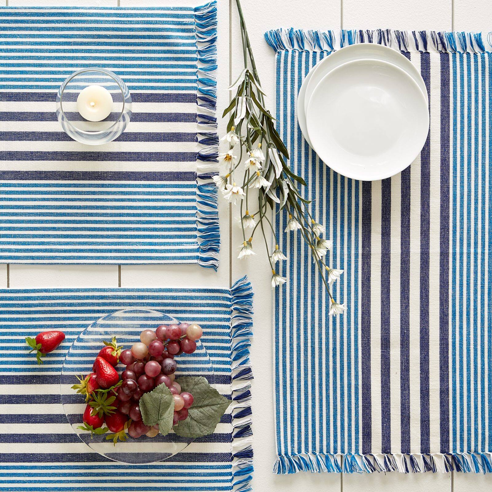 DII® Deep Blue Stripes With Fringe Placemats, 6ct.