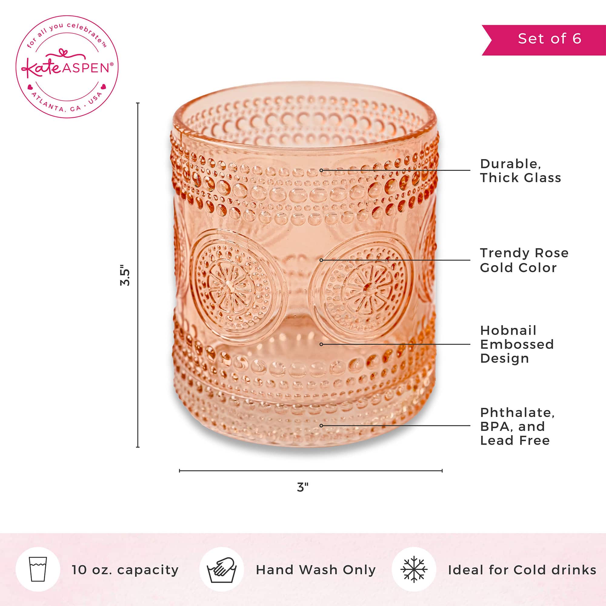 Kate Aspen® 10oz. Hobnail Beaded Floral Rose Gold Drinking Glasses, 6ct.