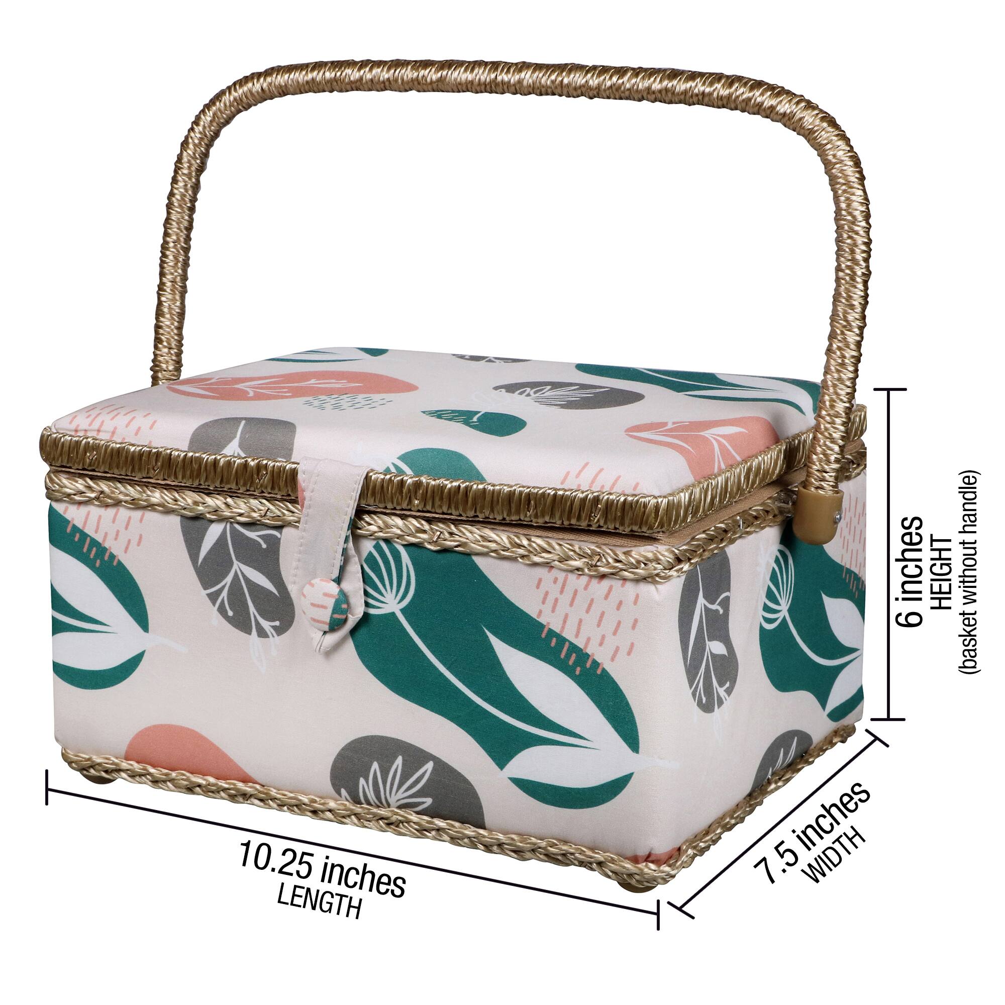 SINGER® Large Tan Organic Print Sewing Basket with Sewing Scissors & Notions