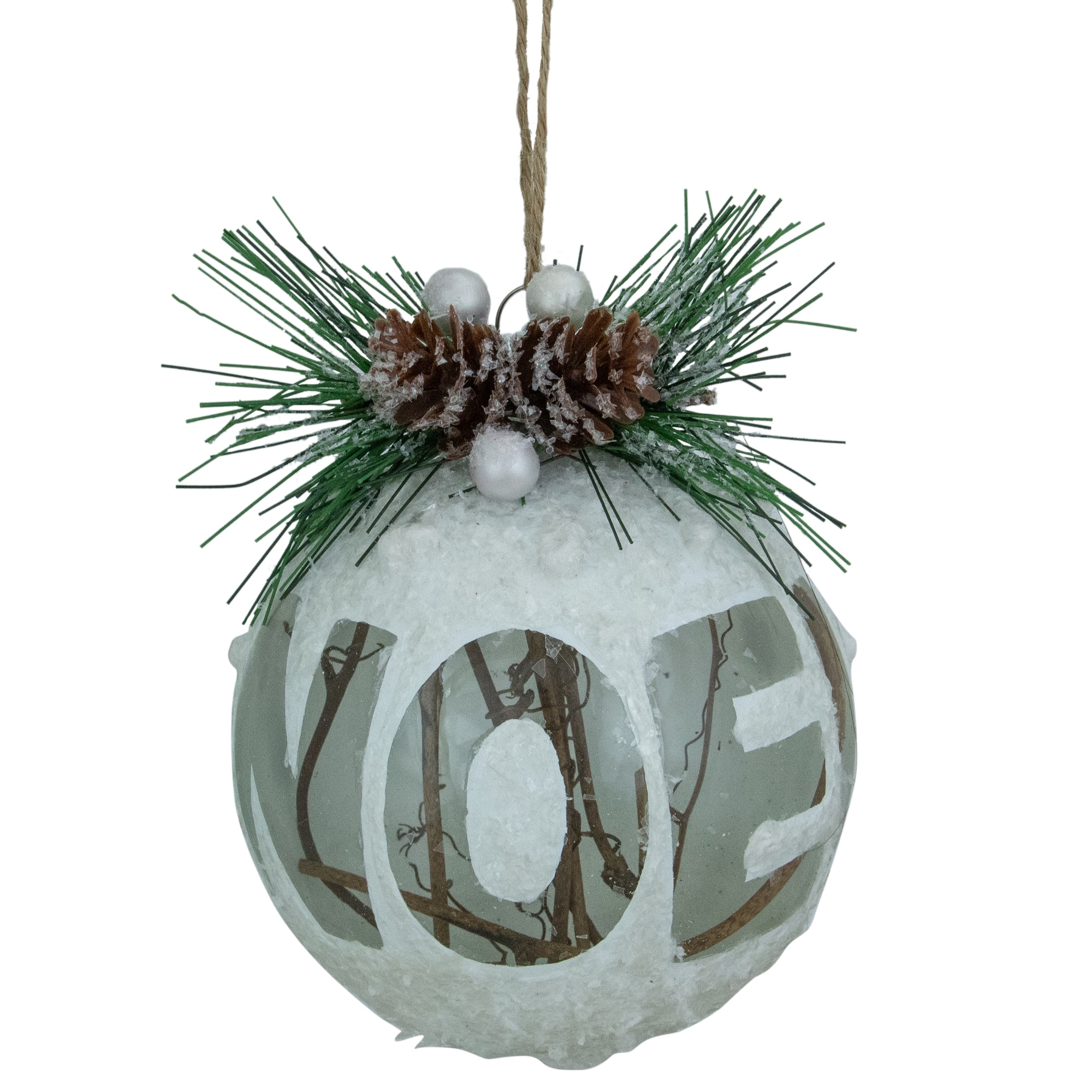 5" White Frosted NOEL with Holly and Berries Christmas Glass Ornament