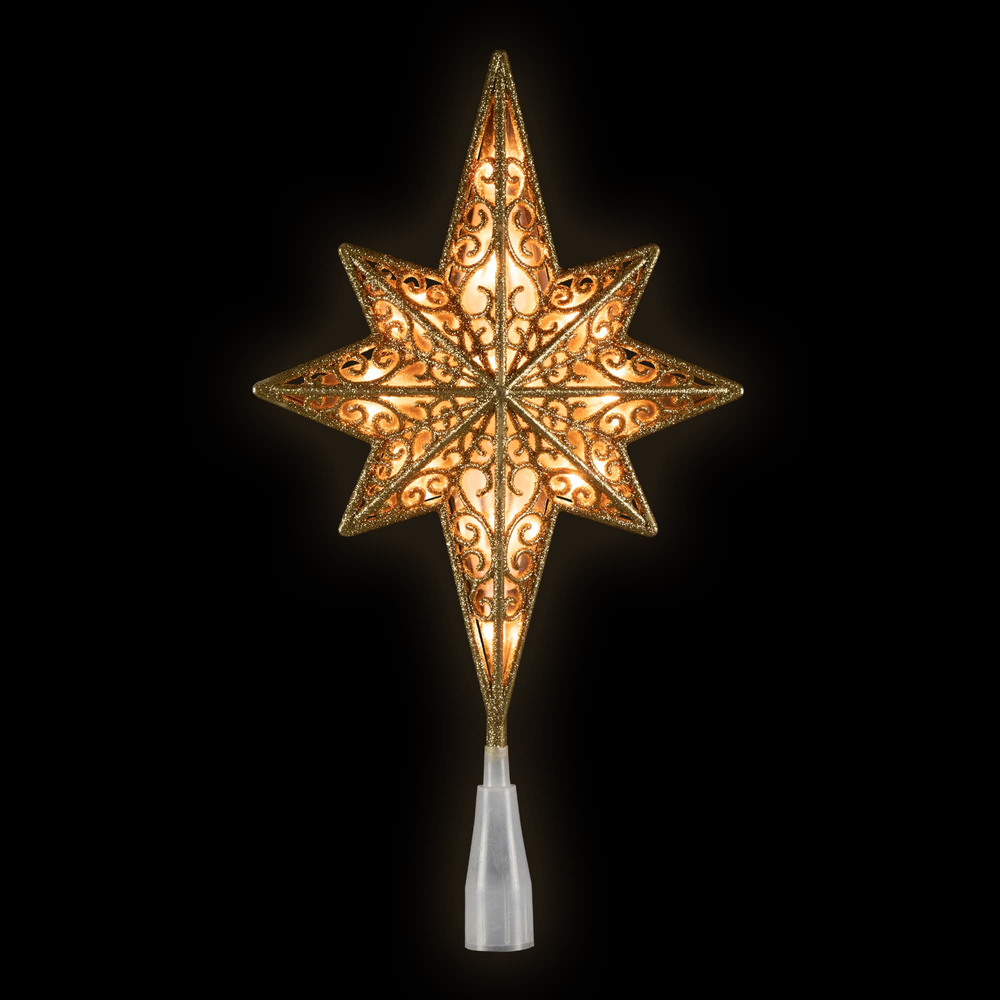 Lighted Frosted Clear and Gold Scroll Star of Bethlehem Christmas Tree Topper - 11&#x22; - Clear Lights