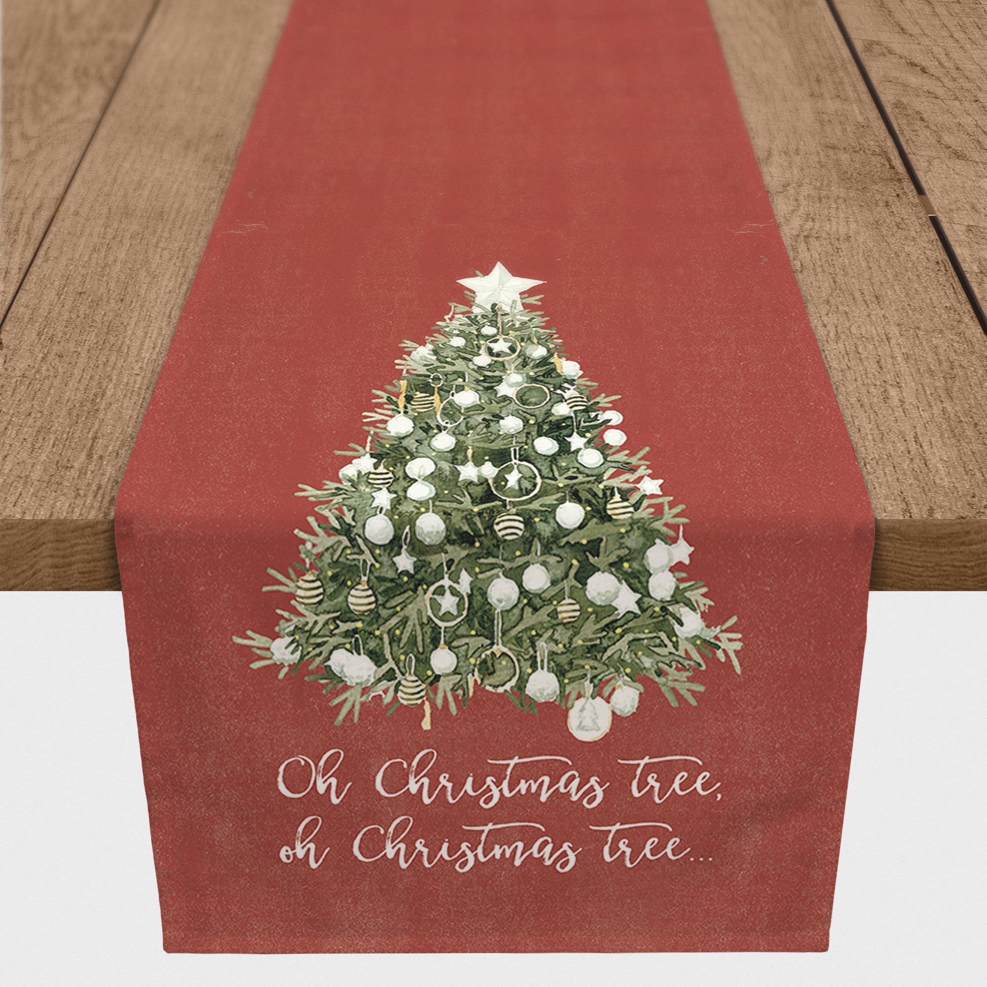 72&#x22; Oh Christmas Tree On Red Table Runner