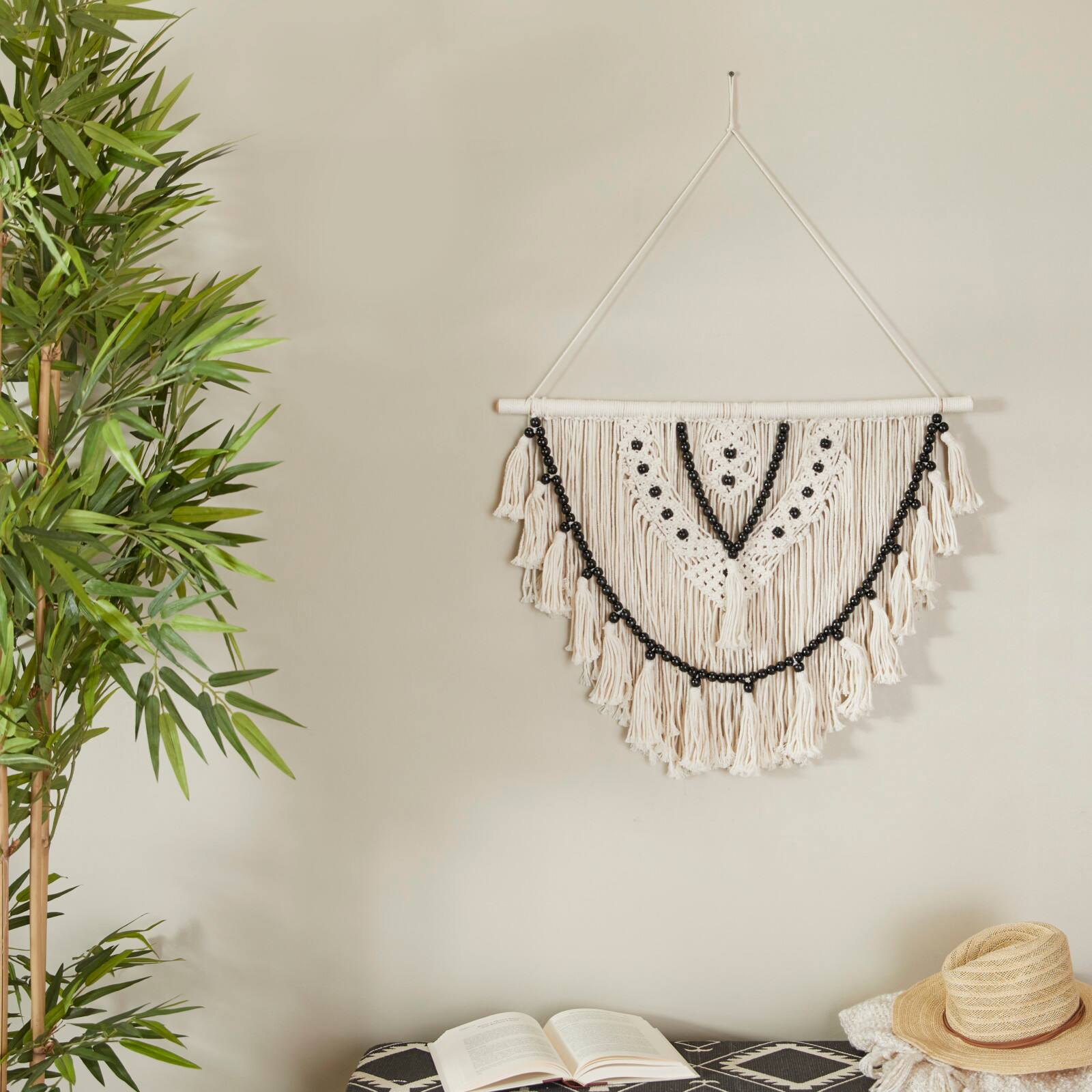 White Cotton Handmade Intricately Weaved Macrame Wall Decor with Beaded Fringe Tassels 28&#x22; x 1&#x22; x 32&#x22;