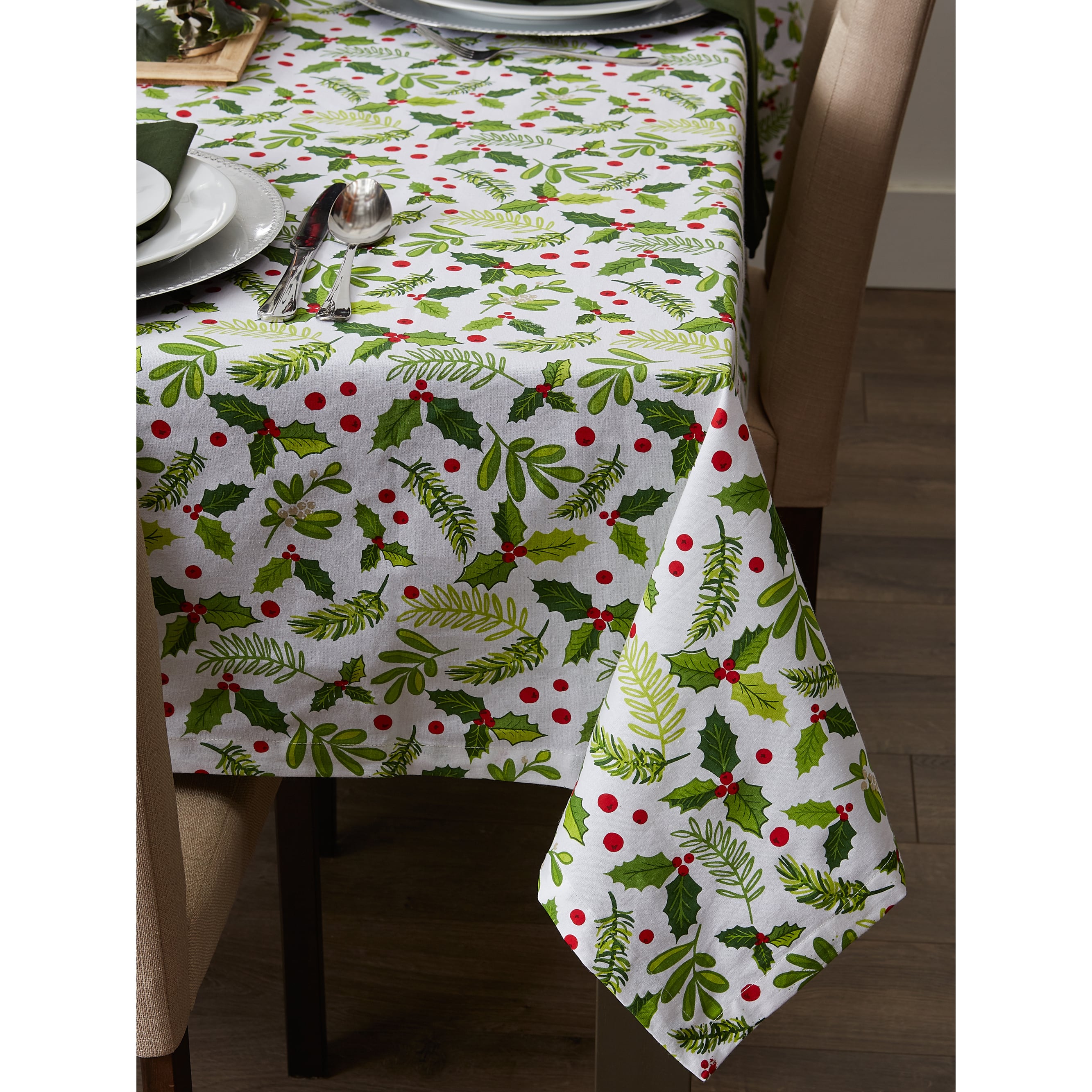DII® 52" Boughs of Holly Print Tablecloth