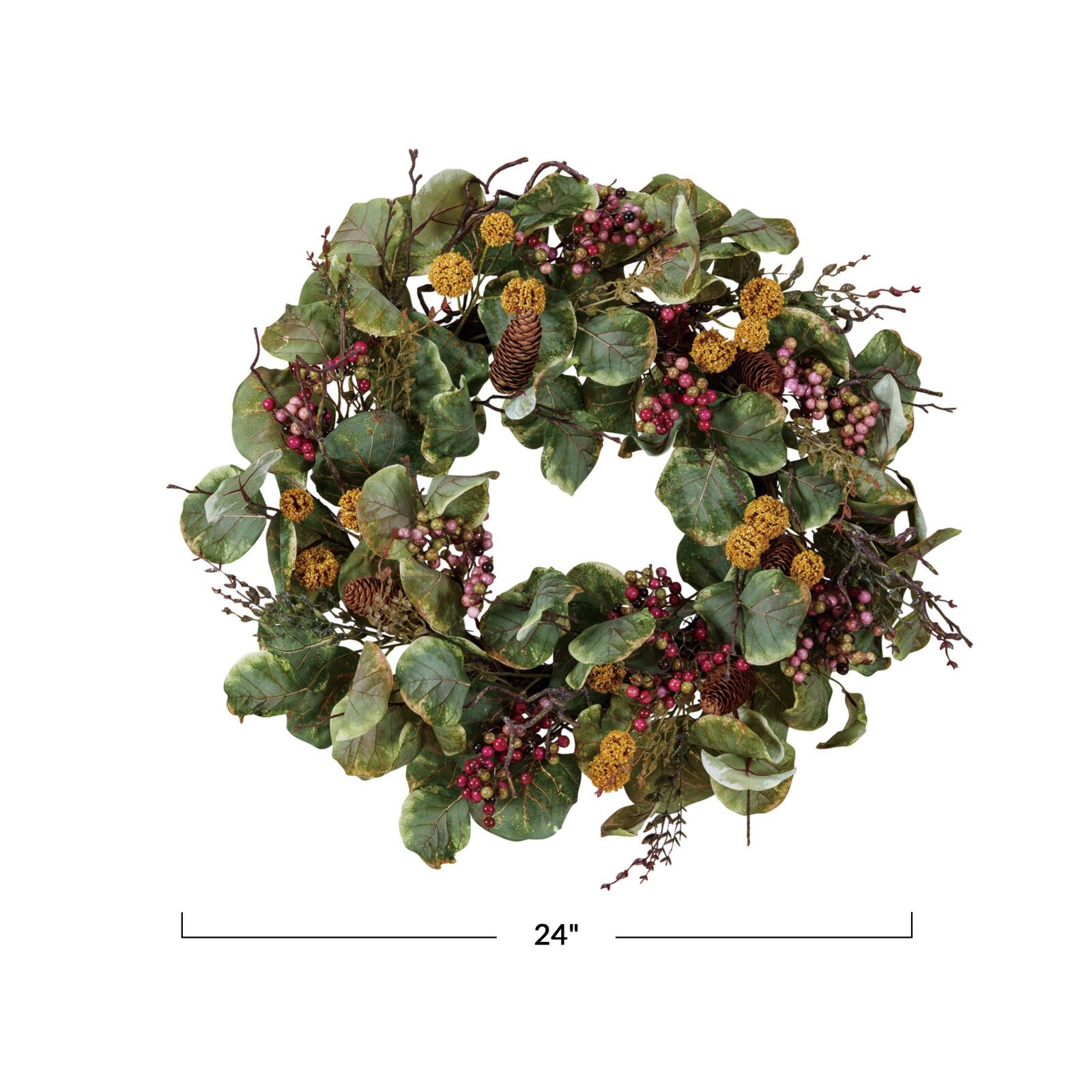 Hello Honey® 24" Green & Red Faux Zanzibar Leaf Wreath with Berries