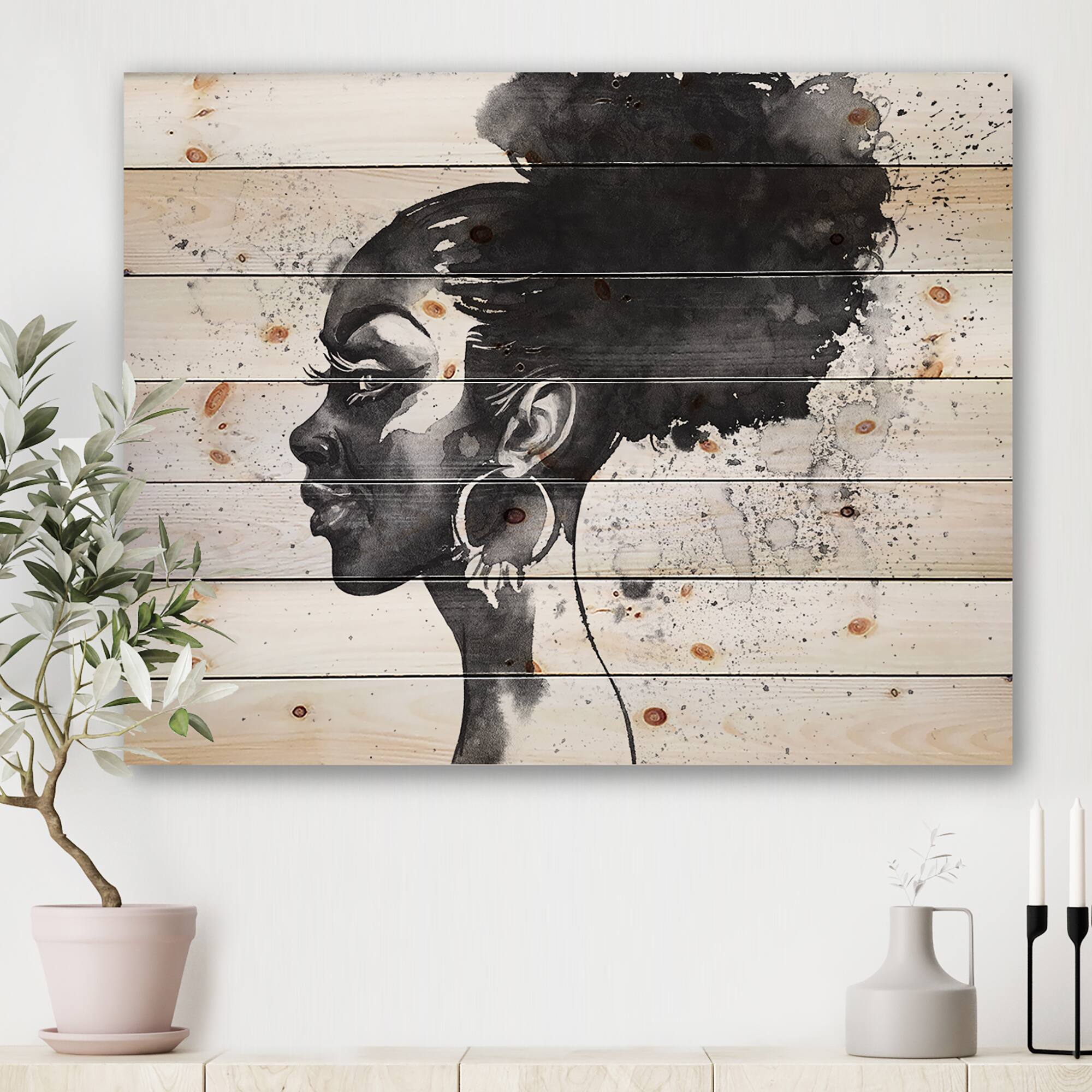 Designart - Monochrome Portrait of African American Woman I - Modern Print on Natural Pine Wood