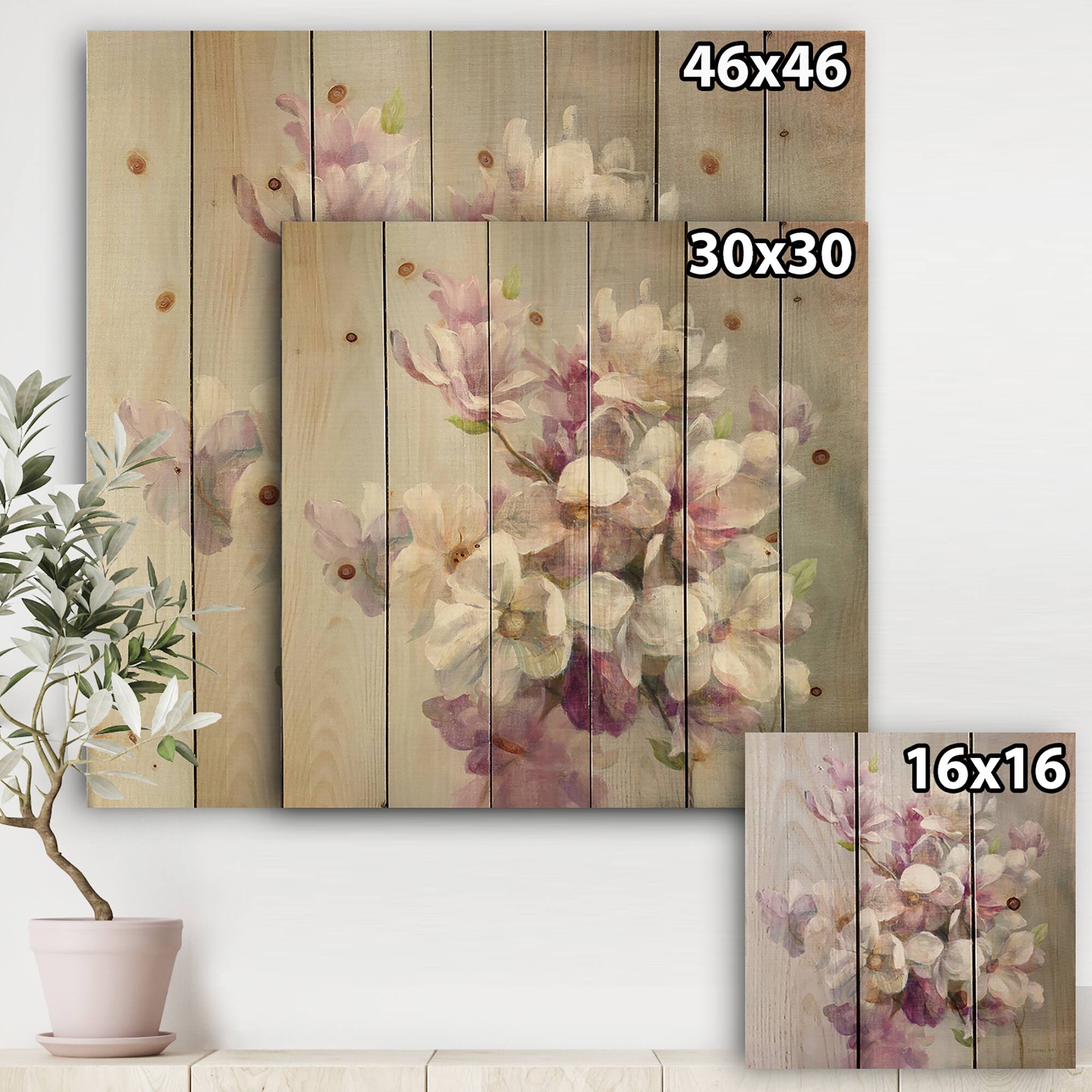 Designart - Pink Magnolia Flowers - Shabby Chic Print on Natural Pine Wood