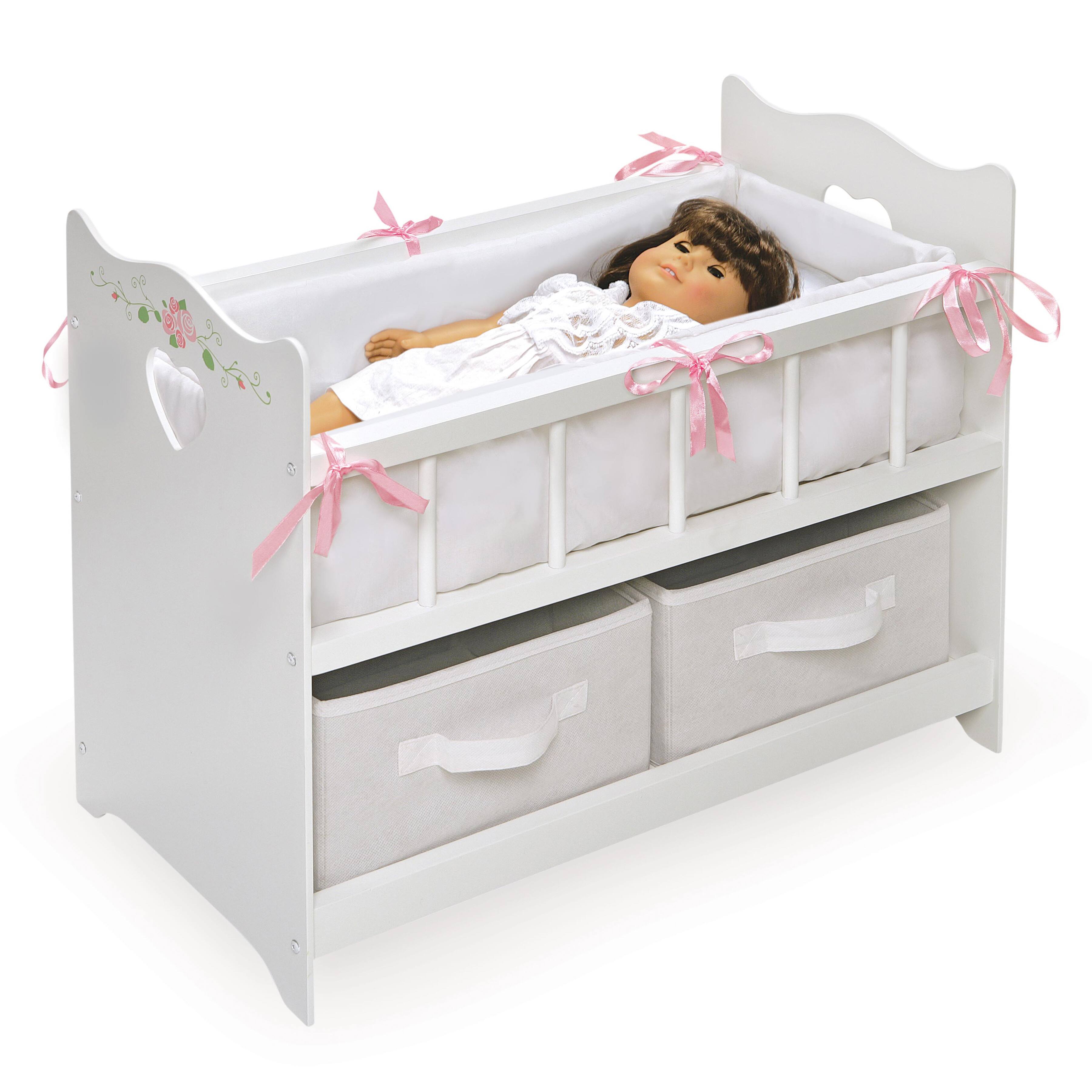 Badger Basket White Rose Doll Crib with Bedding & Two Baskets