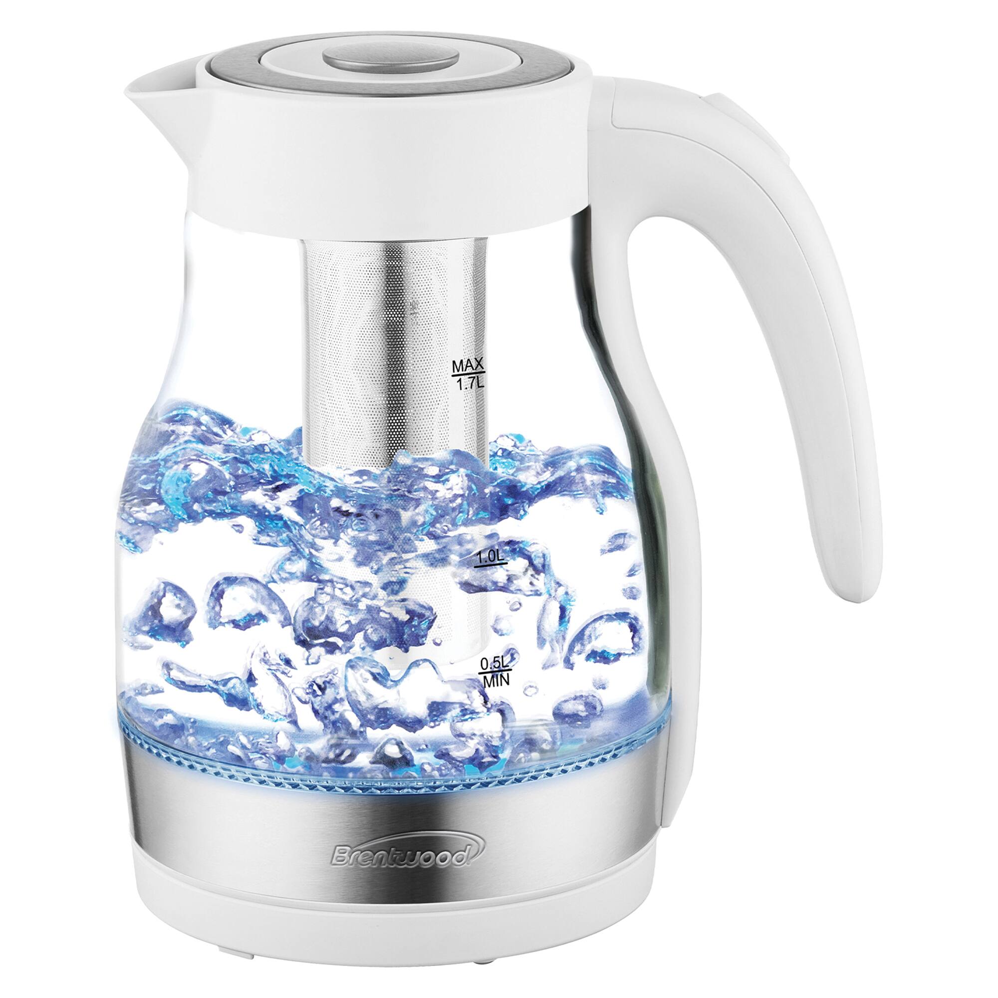 Brentwood 1.79qt. White Cordless Glass Electric Kettle with Tea Infuser and Swivel Base