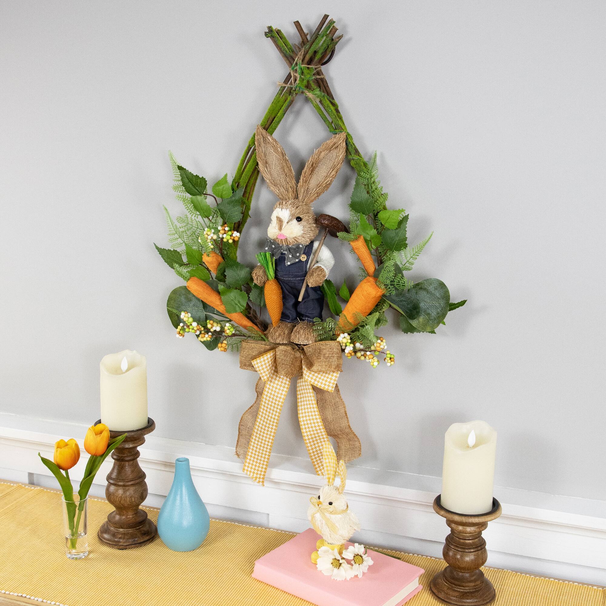 22" Green & Orange Farmer Bunny Moss Vines Teardrop Easter Wreath