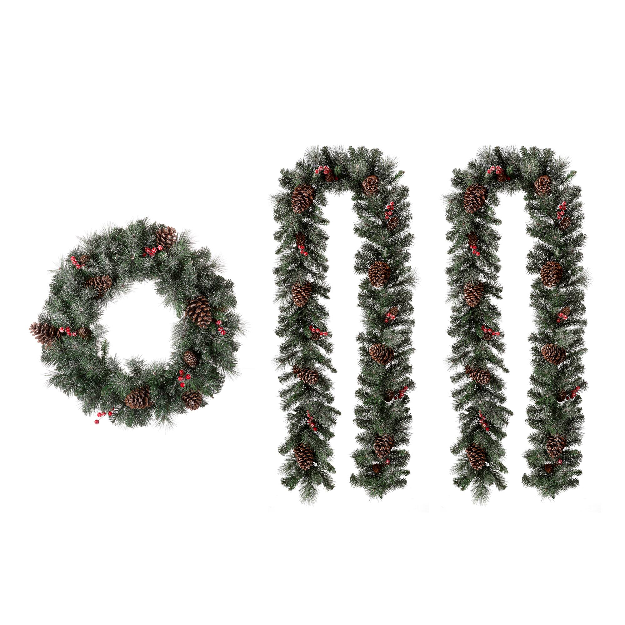 Glitzhome® 24" Pre-Lit Glittered Pinecone Christmas Wreath & Matched 9ft. Garlands Set