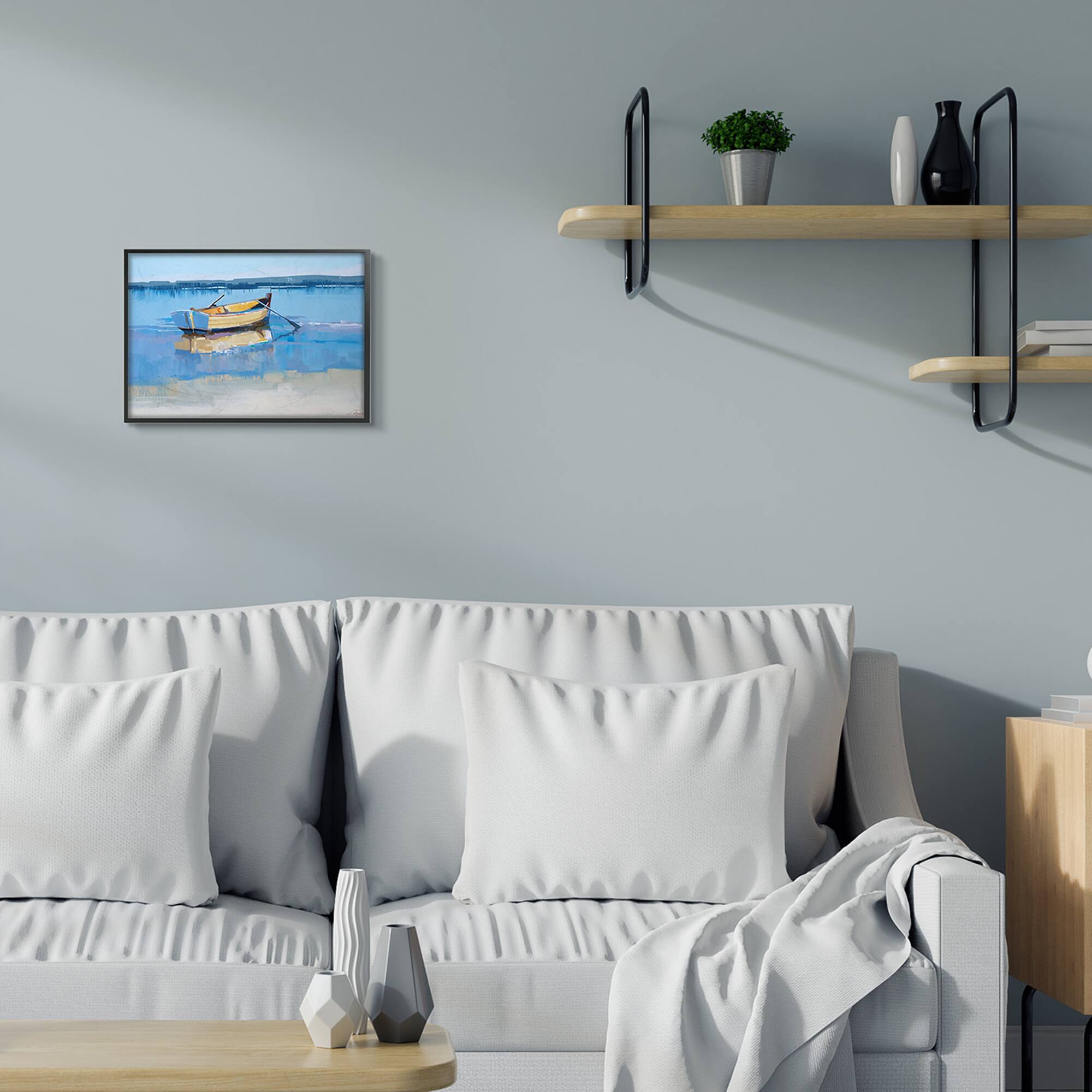 Stupell Industries Row Boat on Blue Coastal Shore Beach Landscape Framed Wall Art