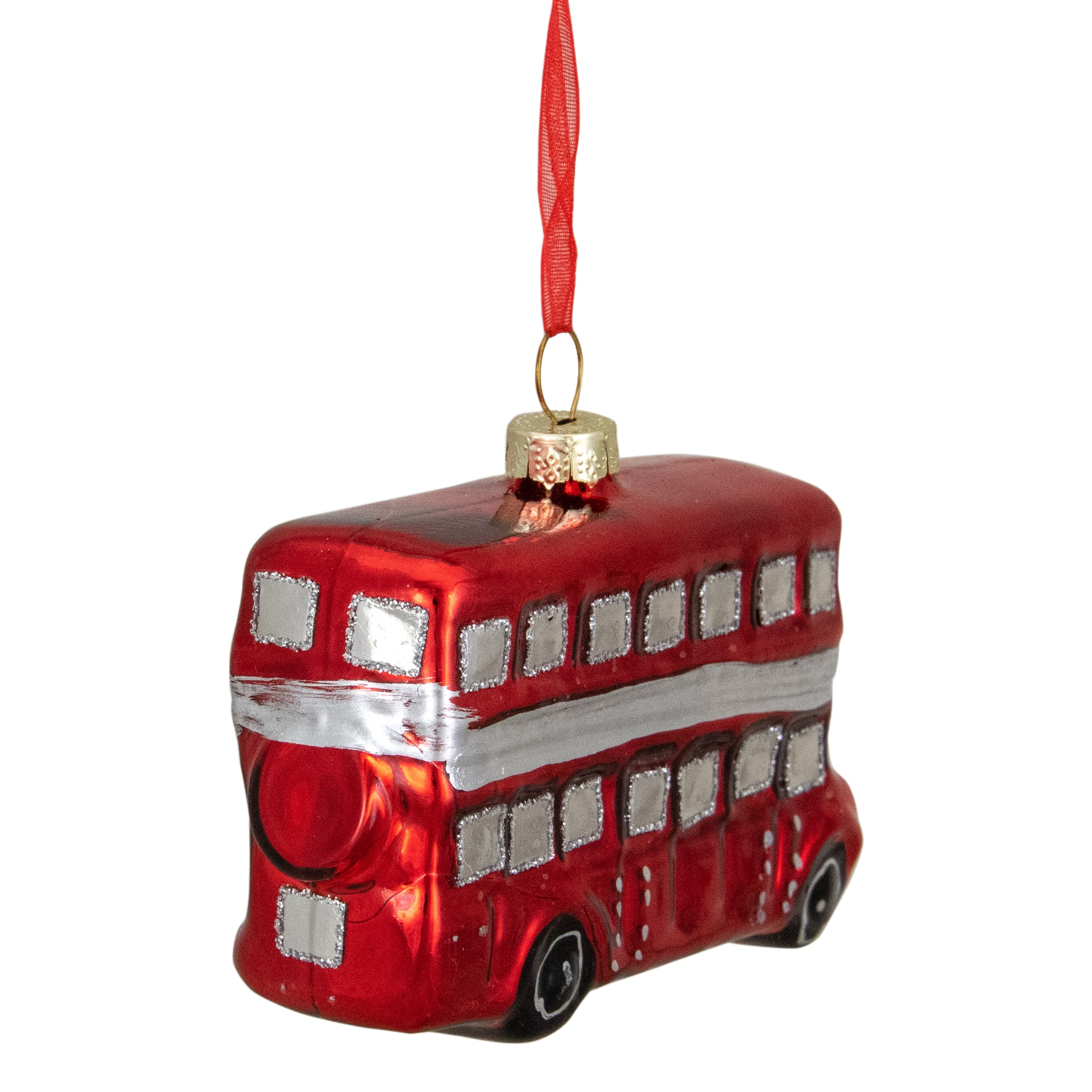 4" Shiny Metallic Red & Silver Glass Double Decker Bus Christmas Ornament