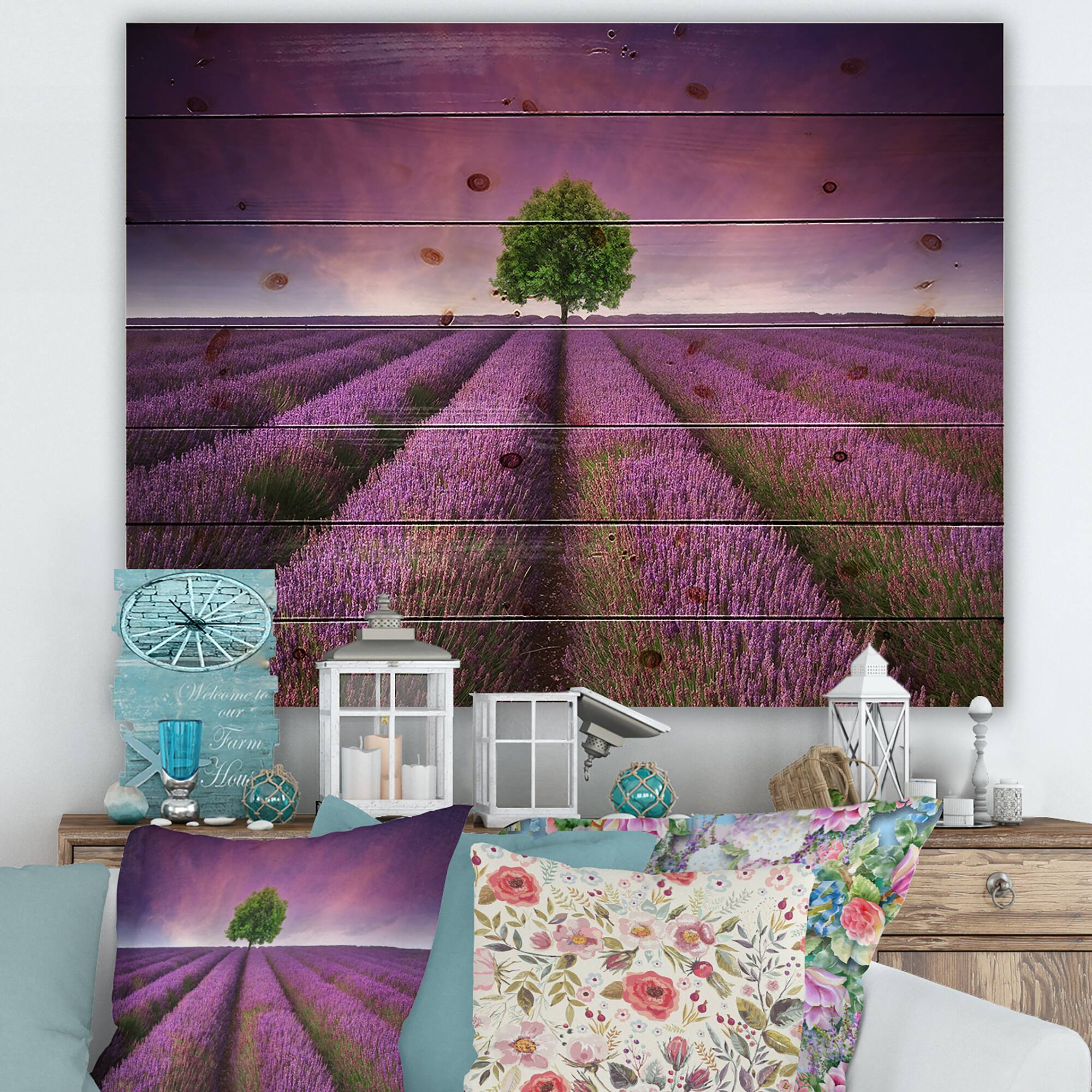 Designart - Stunning Lavender Field Summer Sunset With Tree