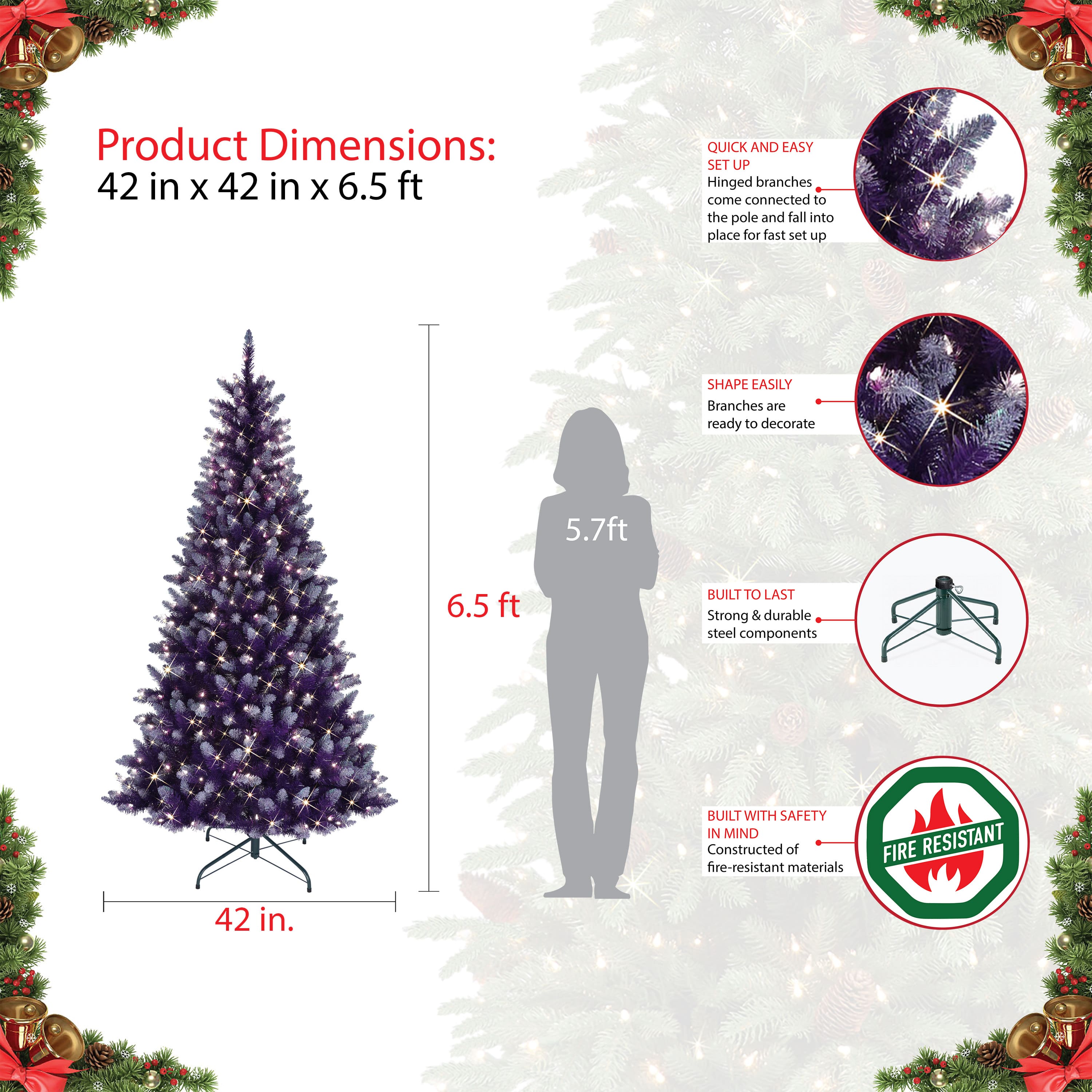 6.5ft. Pre-Lit Fashion Purple Artificial Christmas Tree, Clear Lights