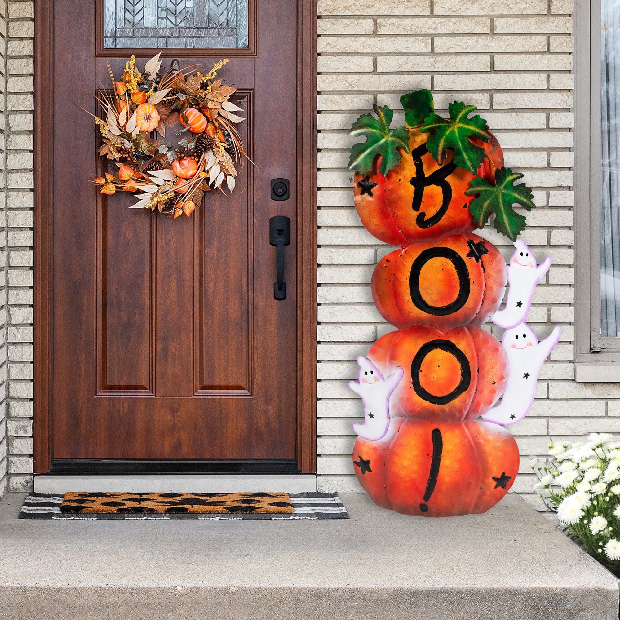 33&#x22; Orange &#x26; Black Stacked Pumpkins Outdoor Halloween Decoration