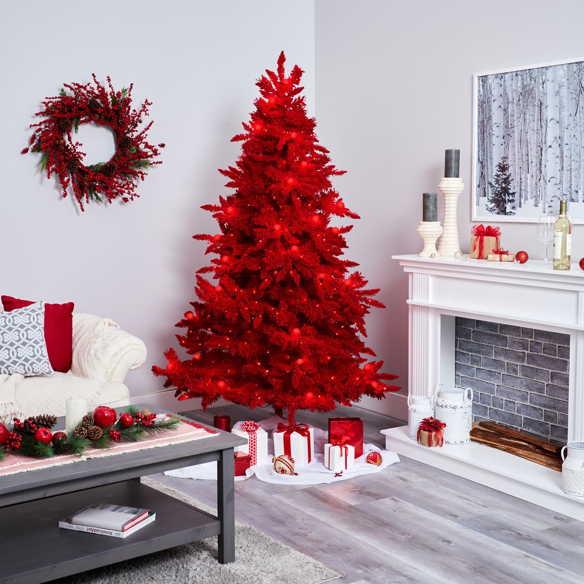 7ft. Red Fraser Fir Artificial Christmas Tree, Red Lights