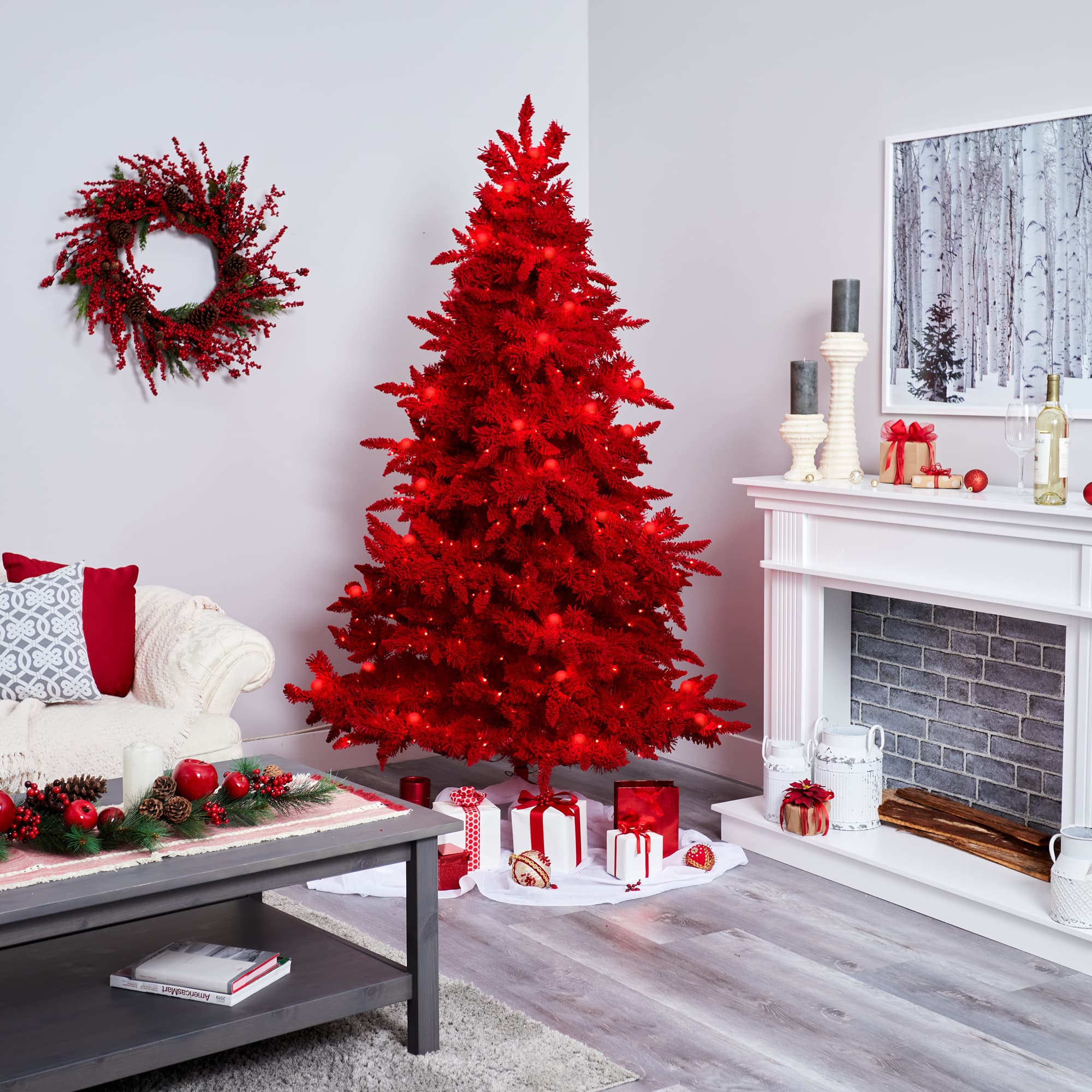 7ft. Pre-Lit Red Fraser Fir Artificial Christmas Tree, Red Lights