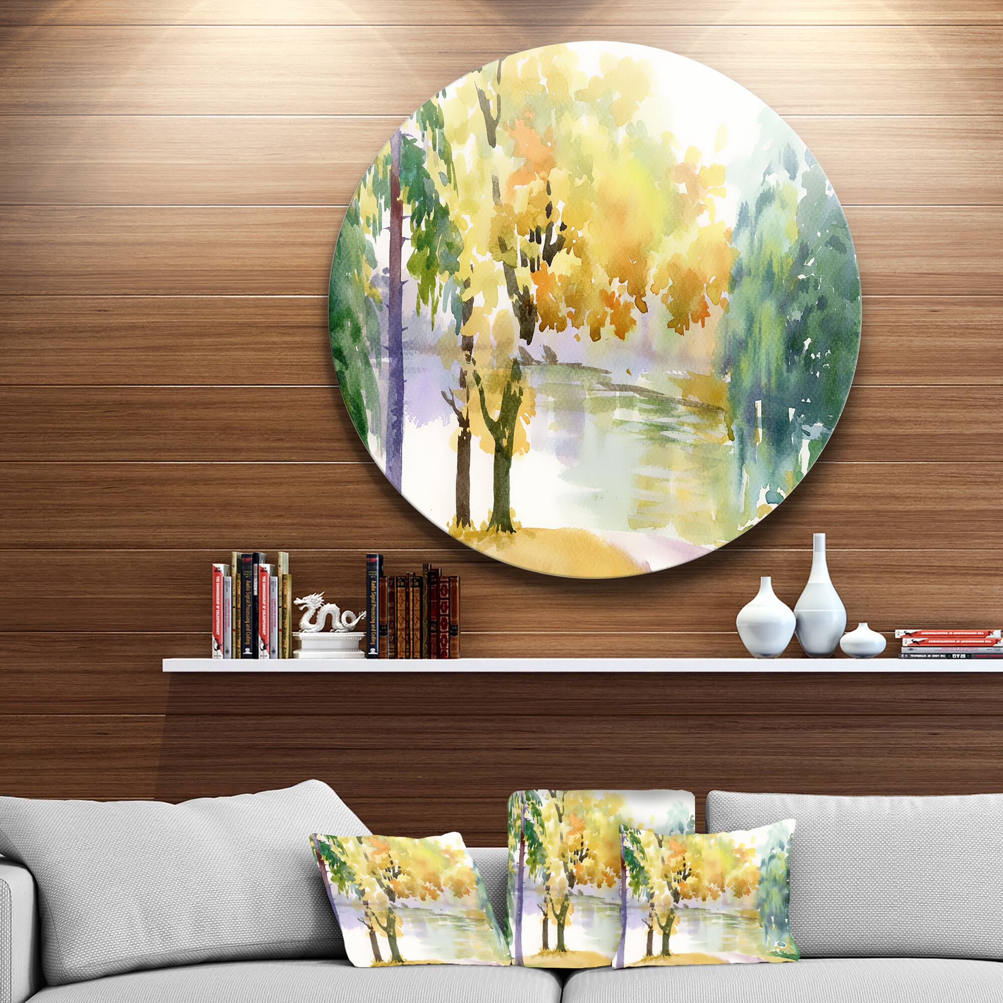 Designart - Beautiful Autumn Forest Watercolor' Landscape Metal Circle Wall Art