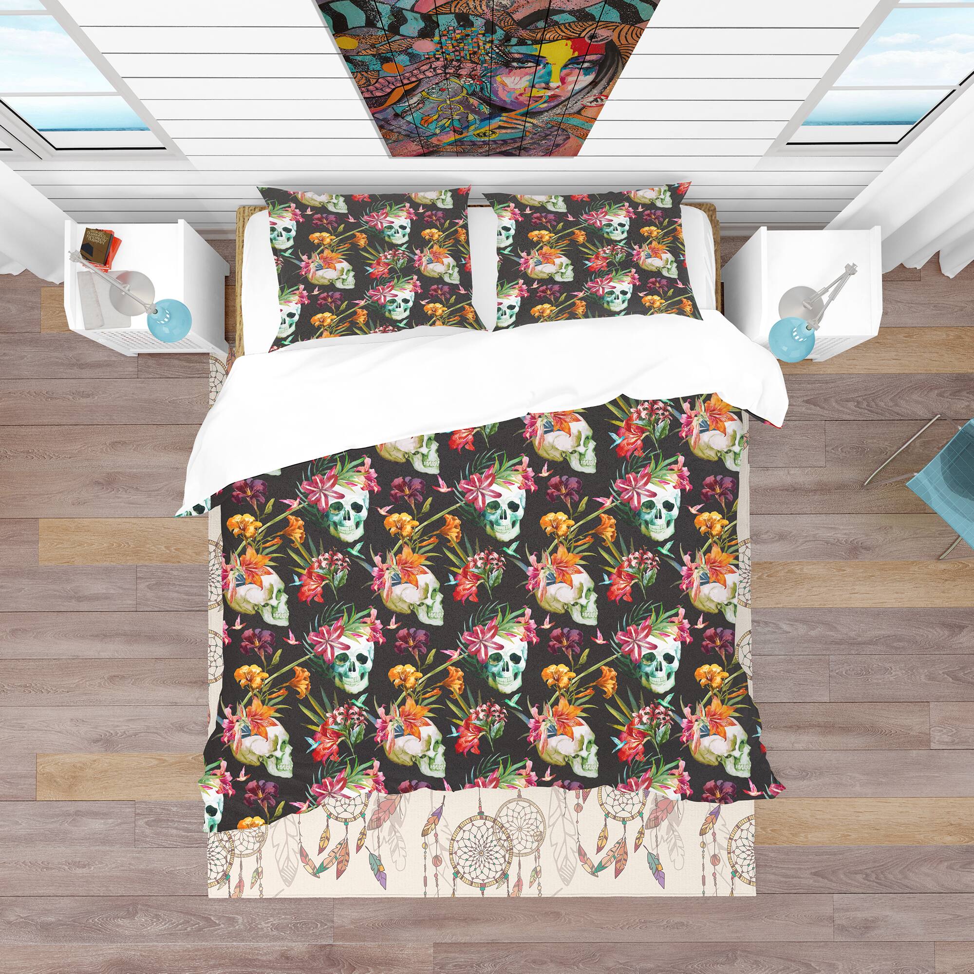 Designart &#x27;Skull and Flowers&#x27; Bohemian &#x26; Eclectic Bedding Set - Duvet Cover &#x26; Shams