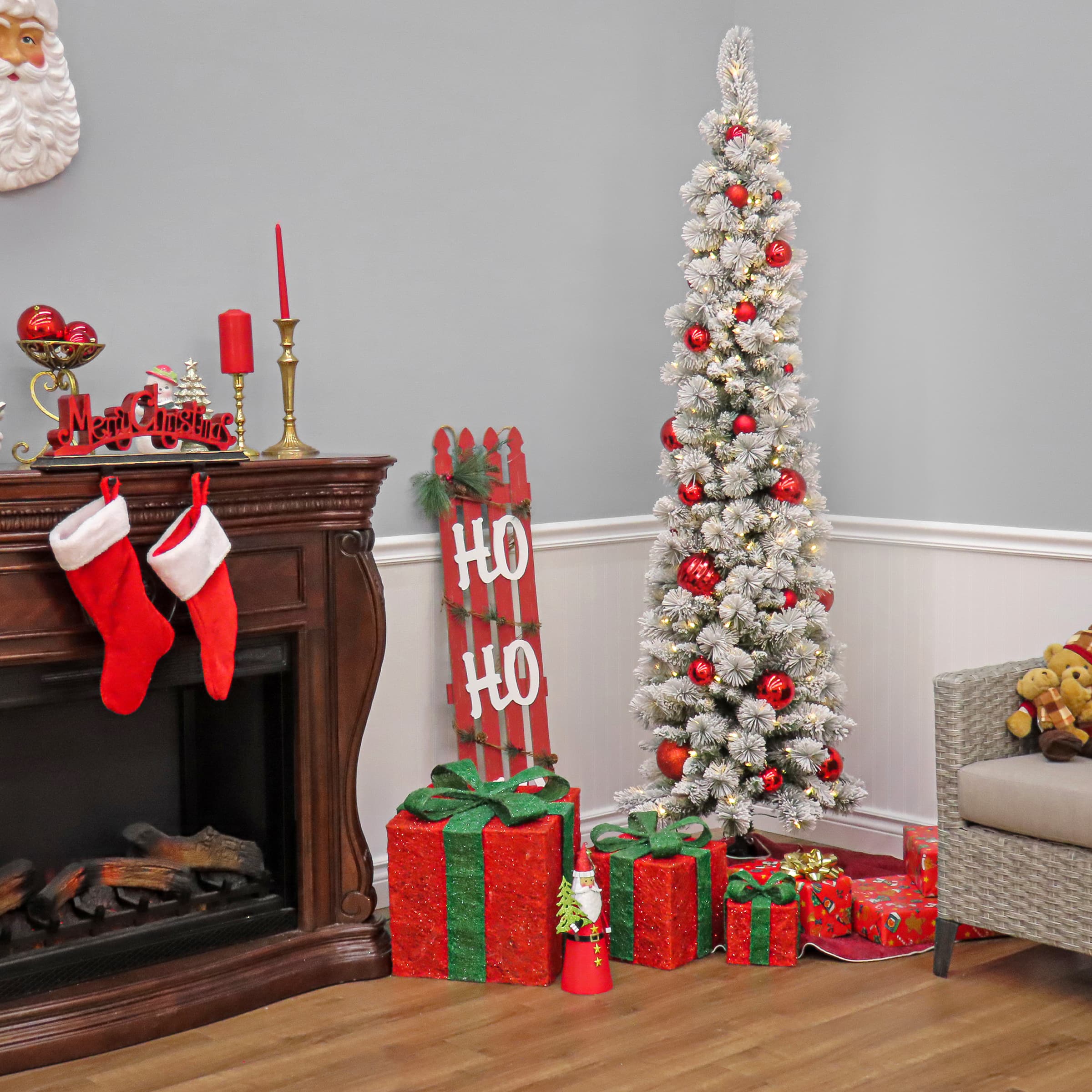 7ft. Pre-Lit Flocked Pencil Methow Artificial Christmas Tree, Clear LED Lights