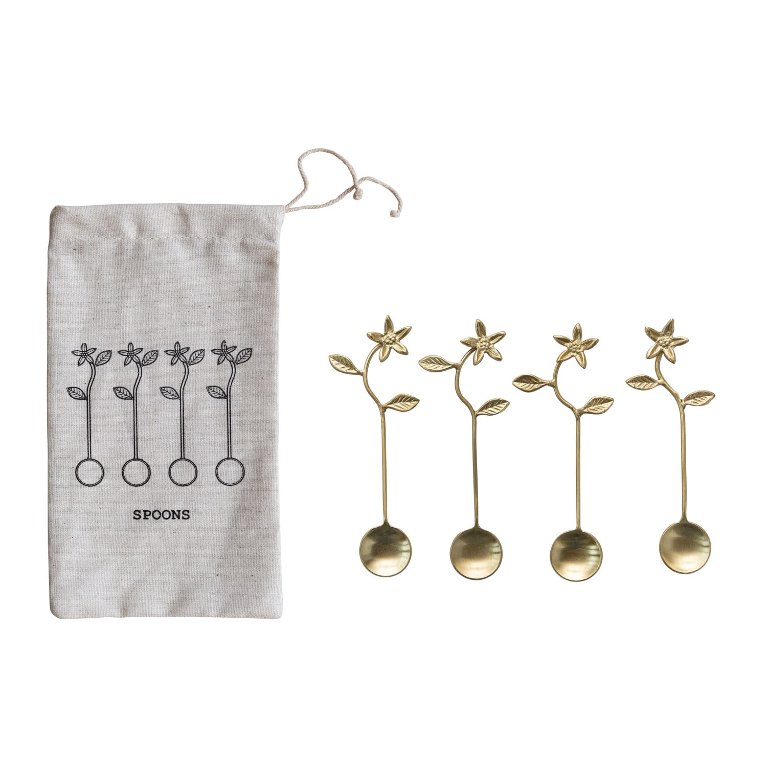 5.5&#x22; Stainless Steel &#x26; Brass Spoons with Flower Handles &#x26; Drawstring Bag