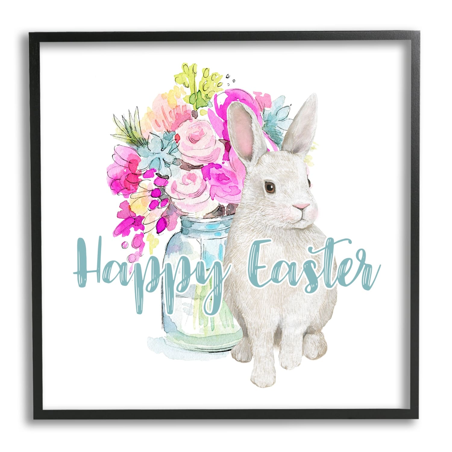 Stupell Industries Happy Easter Calligraphy Bunny Pink Flower Bouquet Framed Giclee Art