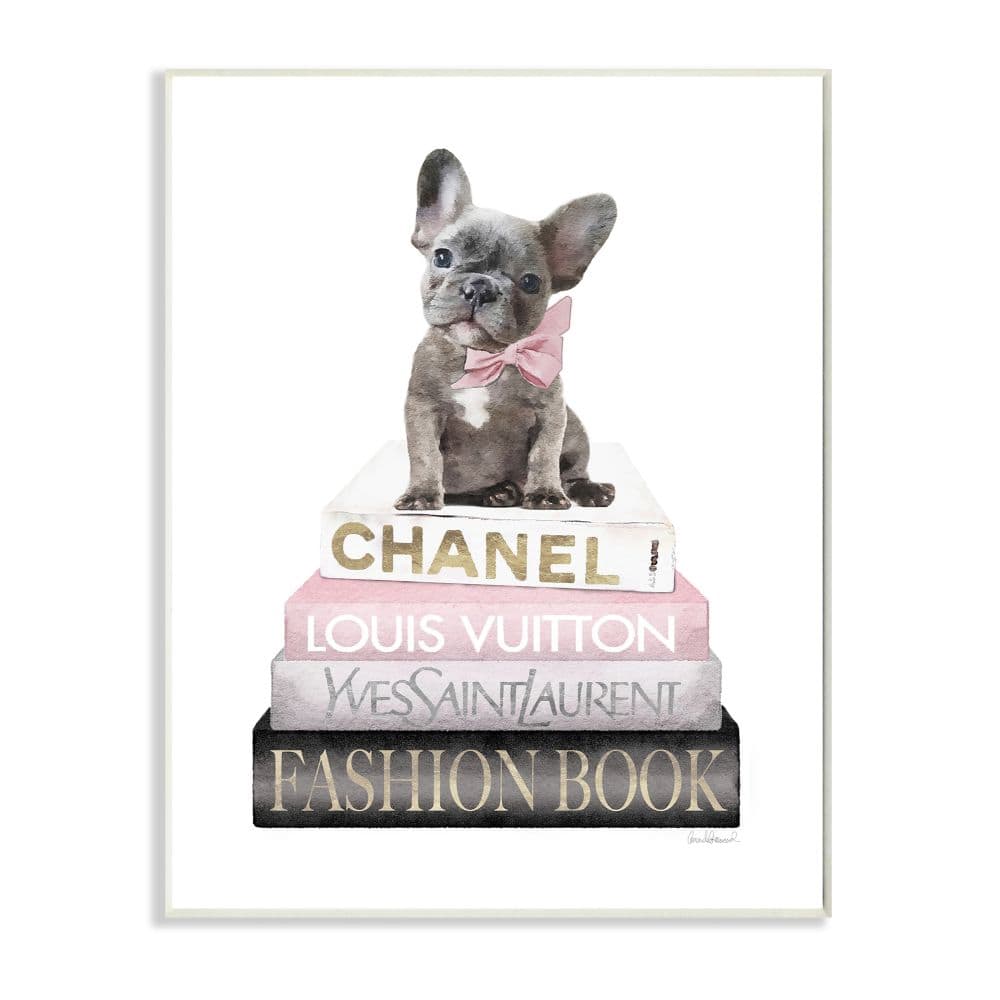 Stupell Industries Dashing French Bulldog and Iconic Fashion Bookstack Wood Wall Plaque