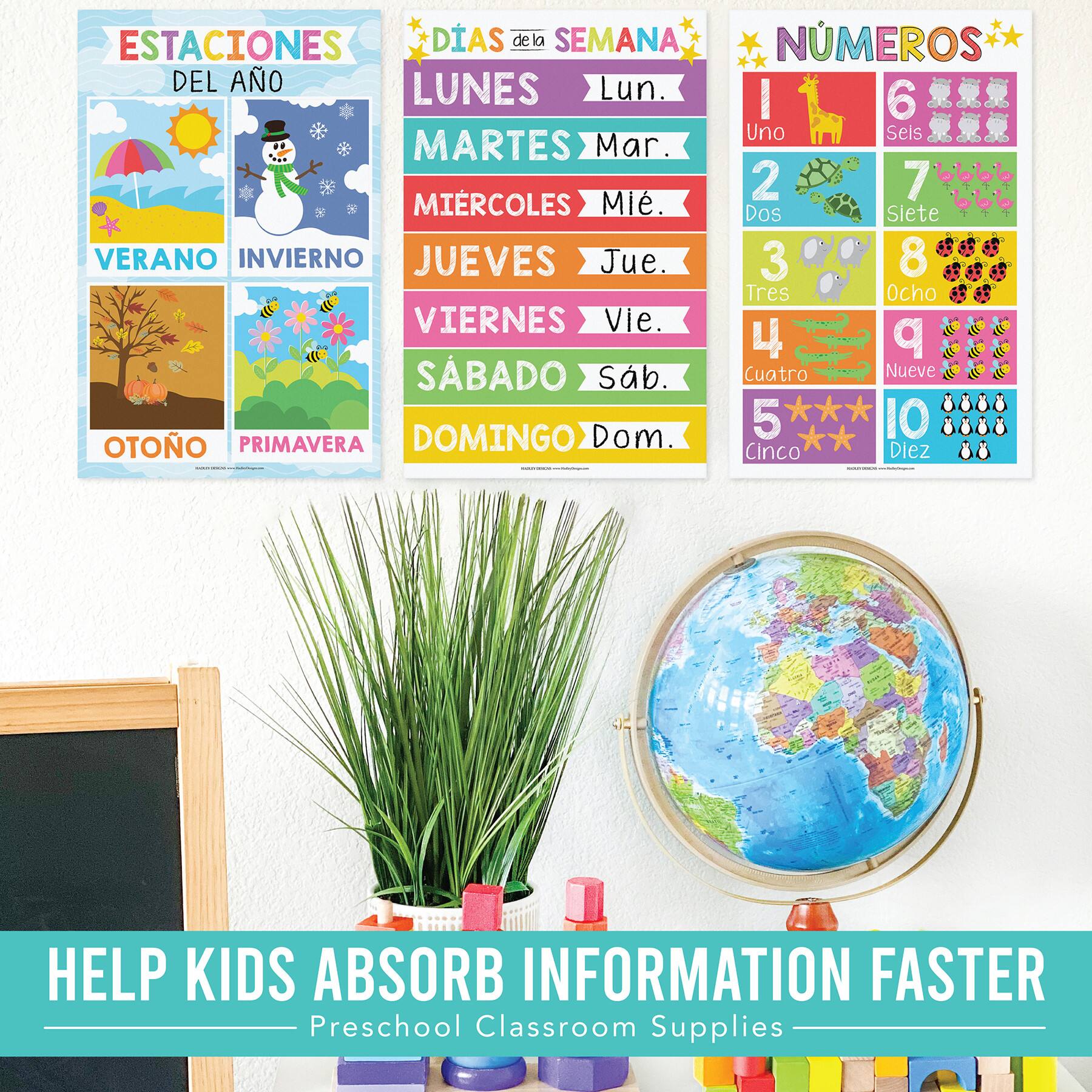 Hadley Designs 11" x 17" Colorful Spanish Preschool Educational Laminated Posters Set