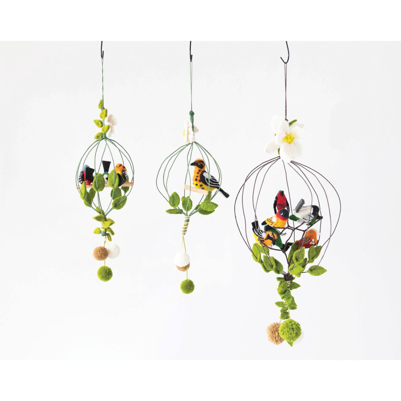 Hello Honey® Wool Felt Flower & Pom Poms Bird Cage Mobile with 3 Birds