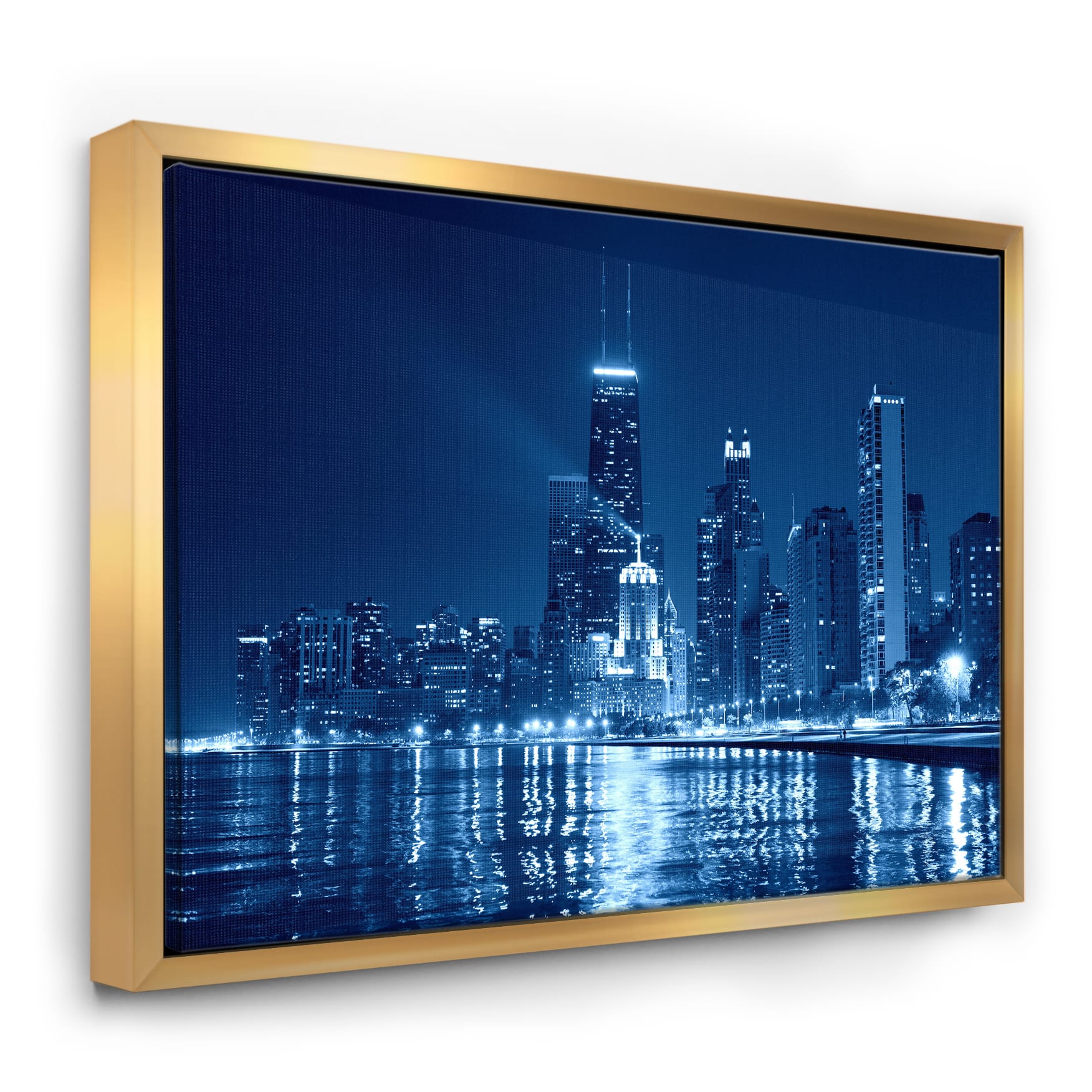 Designart - Blue Chicago Skyline Night - Cityscape Photo Framed Canvas Print