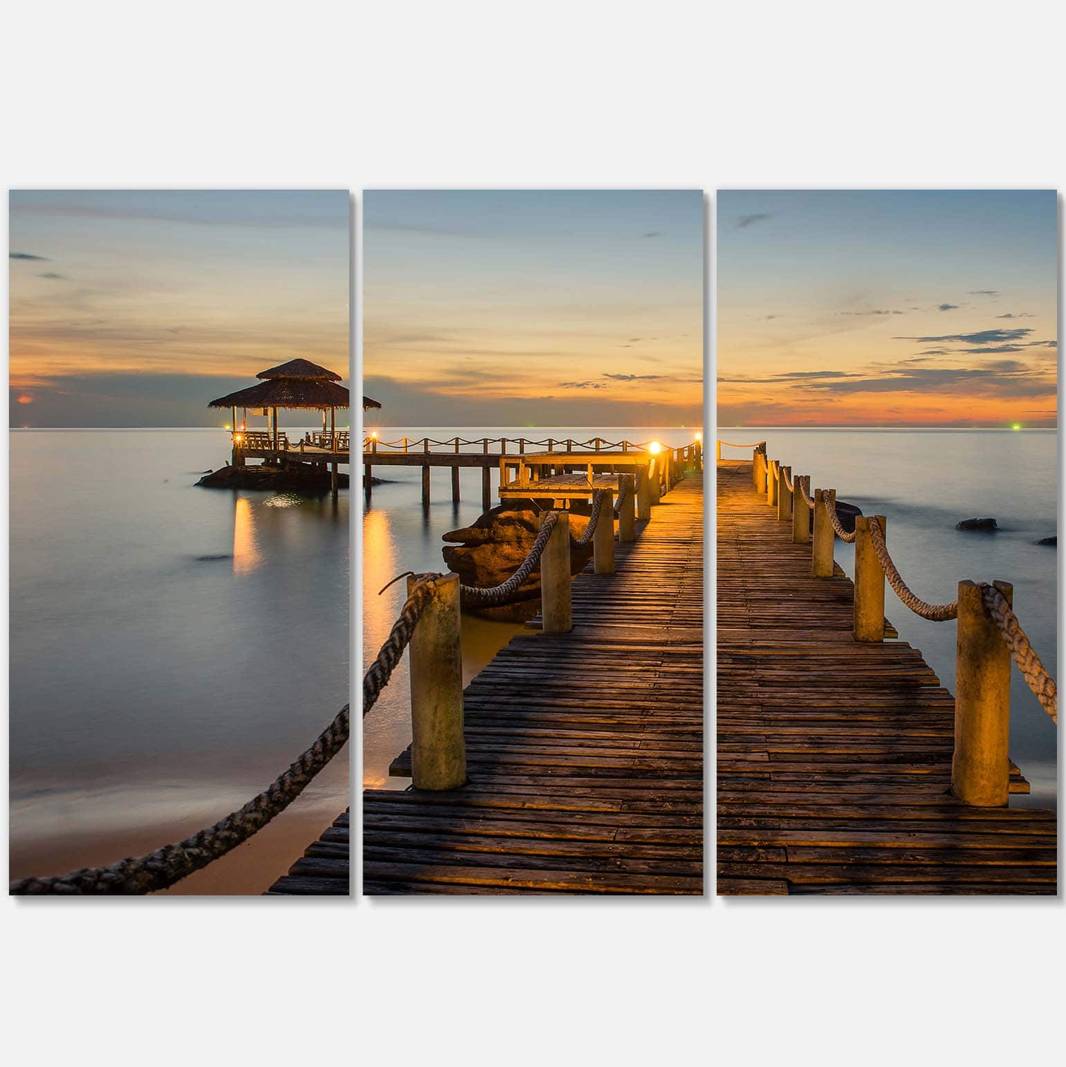 Designart - Brown Wooden Pier in Evening - Seashore Photo Canvas Print