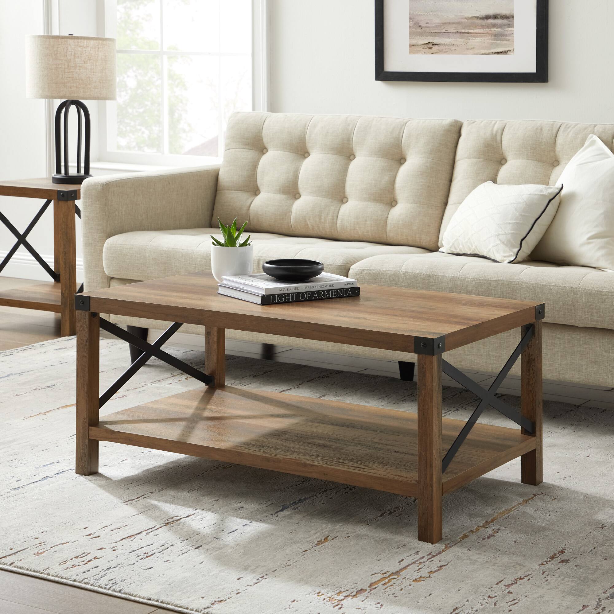 Walker Edison Black Metal &#x26; Reclaimed Barnwood Rustic Coffee Table 