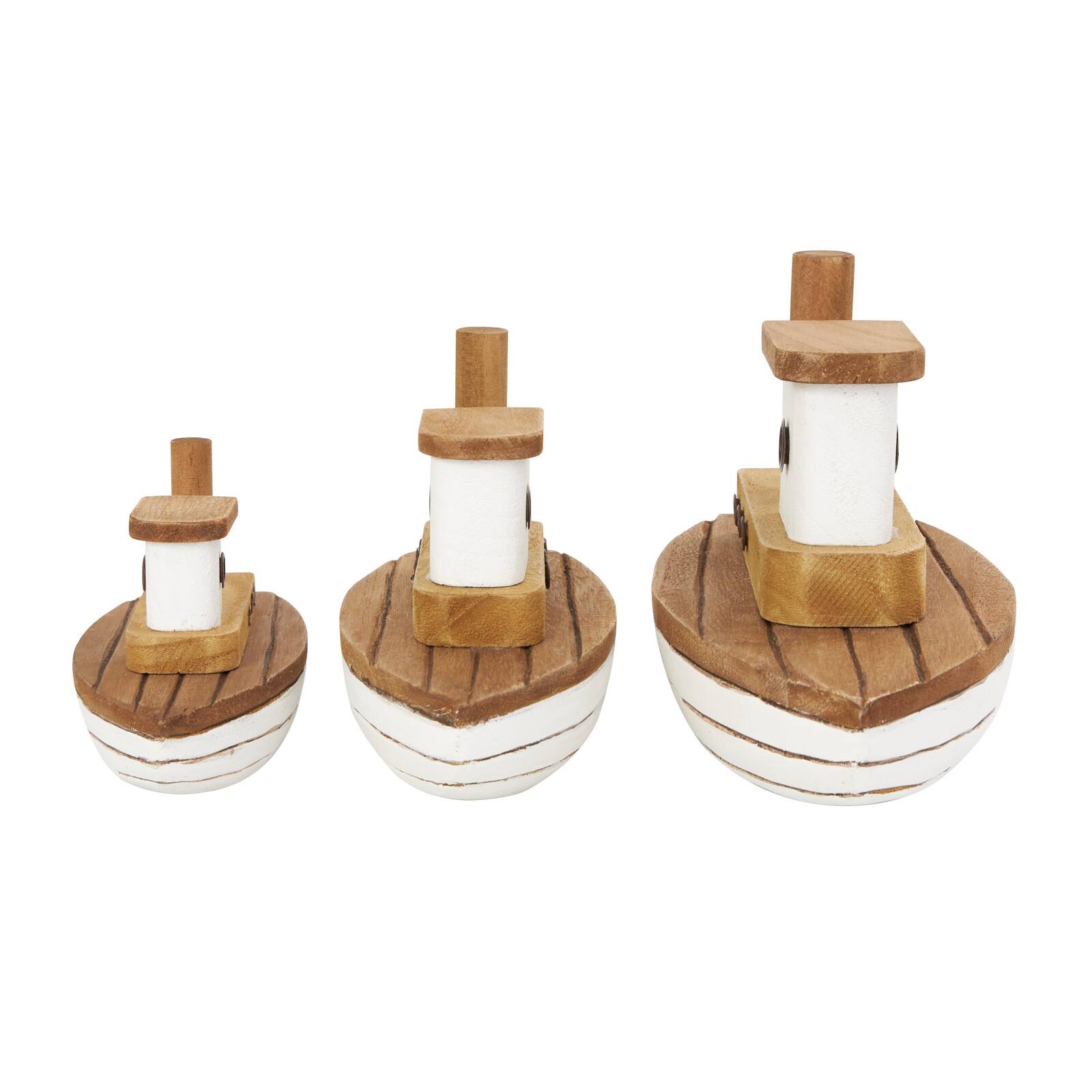 Brown & White Handmade Wood Boat Sculpture Set