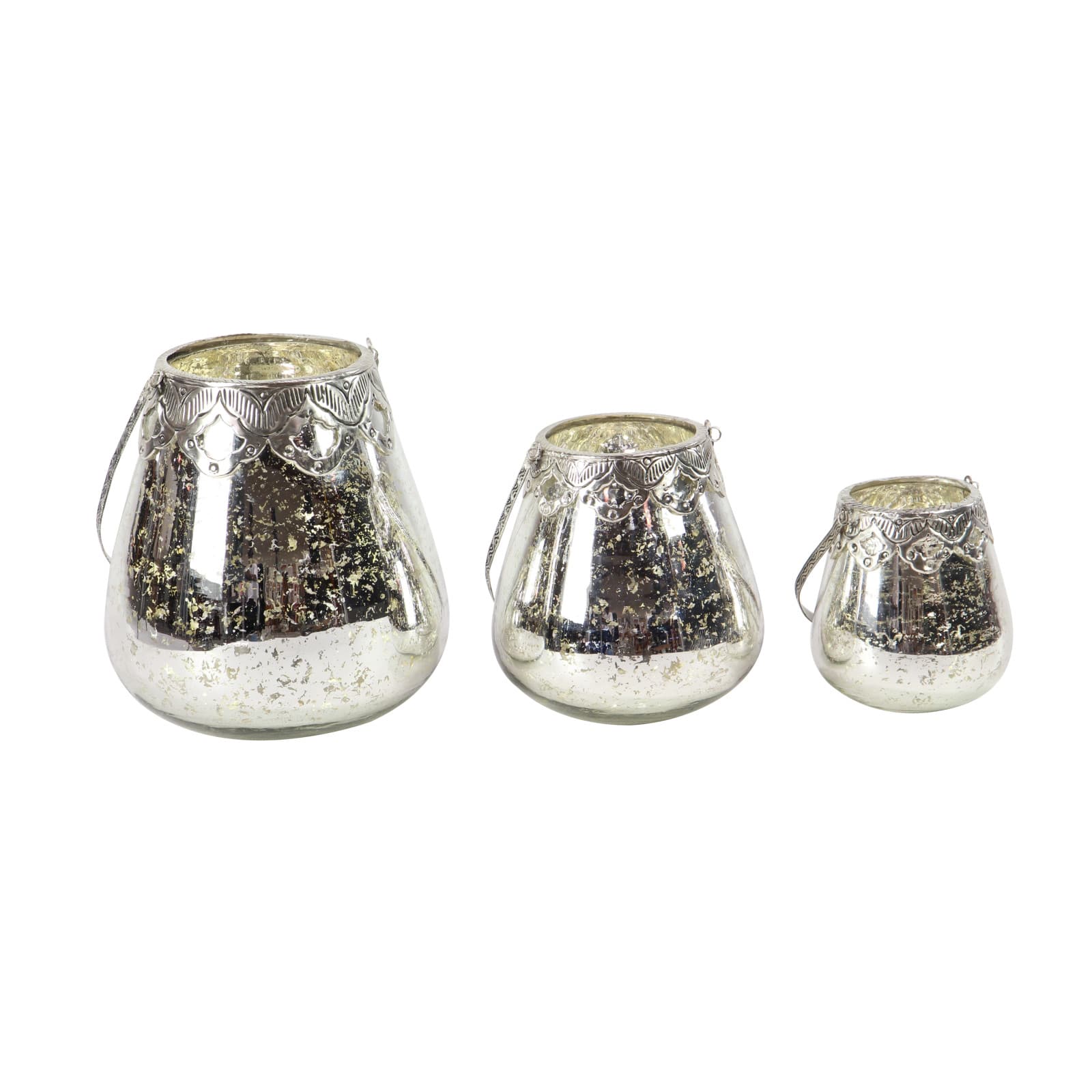Set of 3 Silver Glass Glam Candle Holder, 5&#x22;, 7&#x22;, 9&#x22;