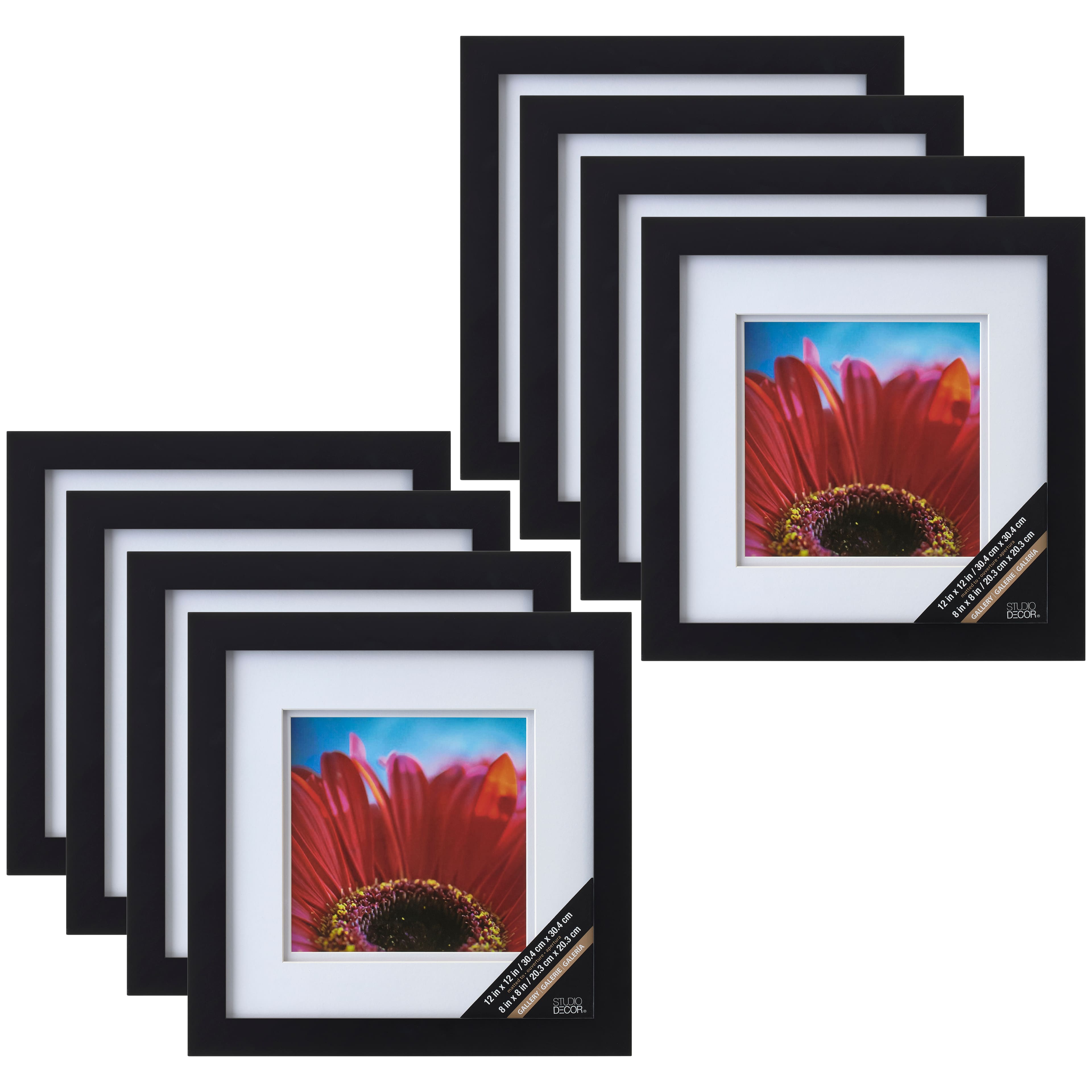 8 Pack: Black 8 x 8' Square Gallery Wall Frame with Double Mat by
