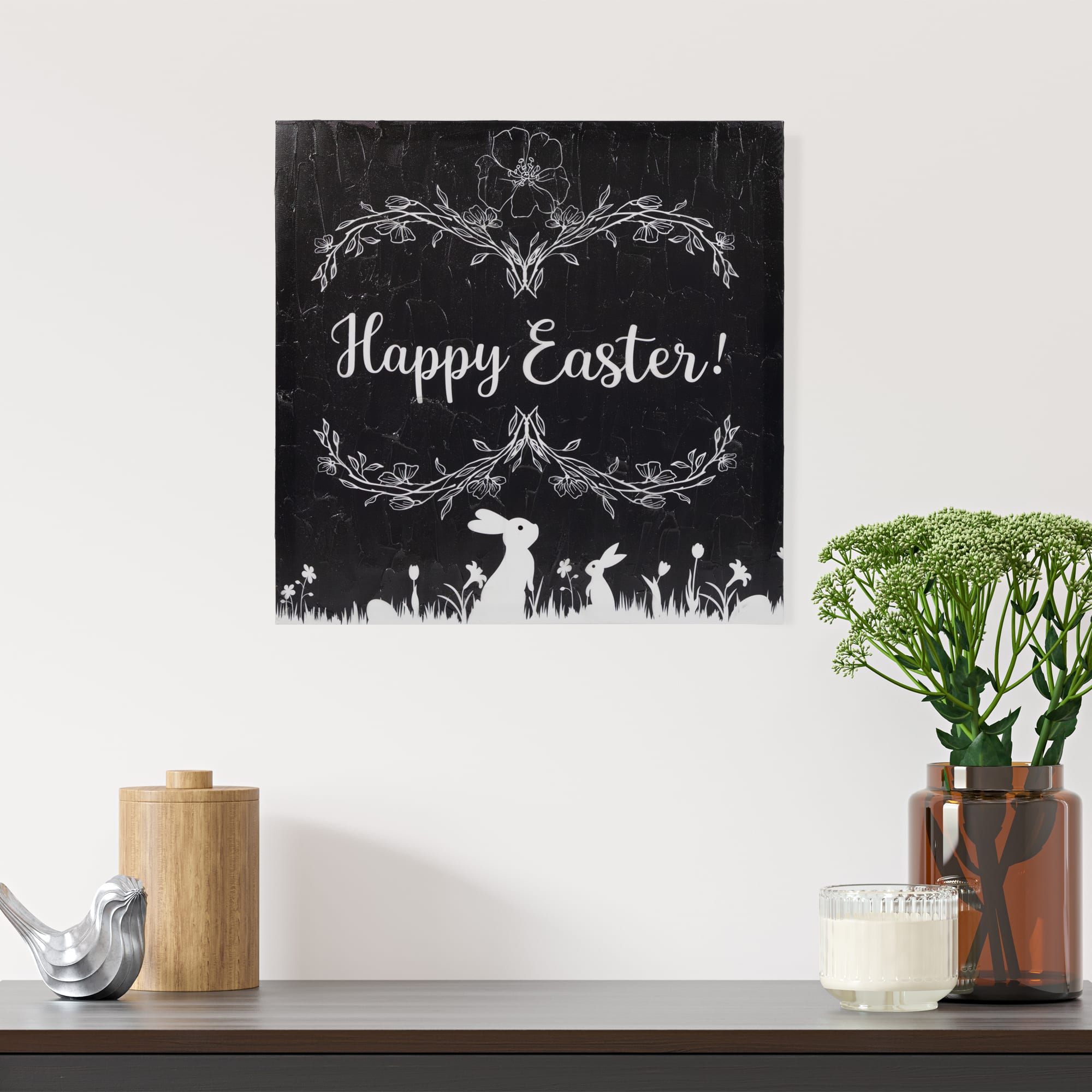 Black &#x26; White Happy Easter Bunnies Canvas Wall Art
