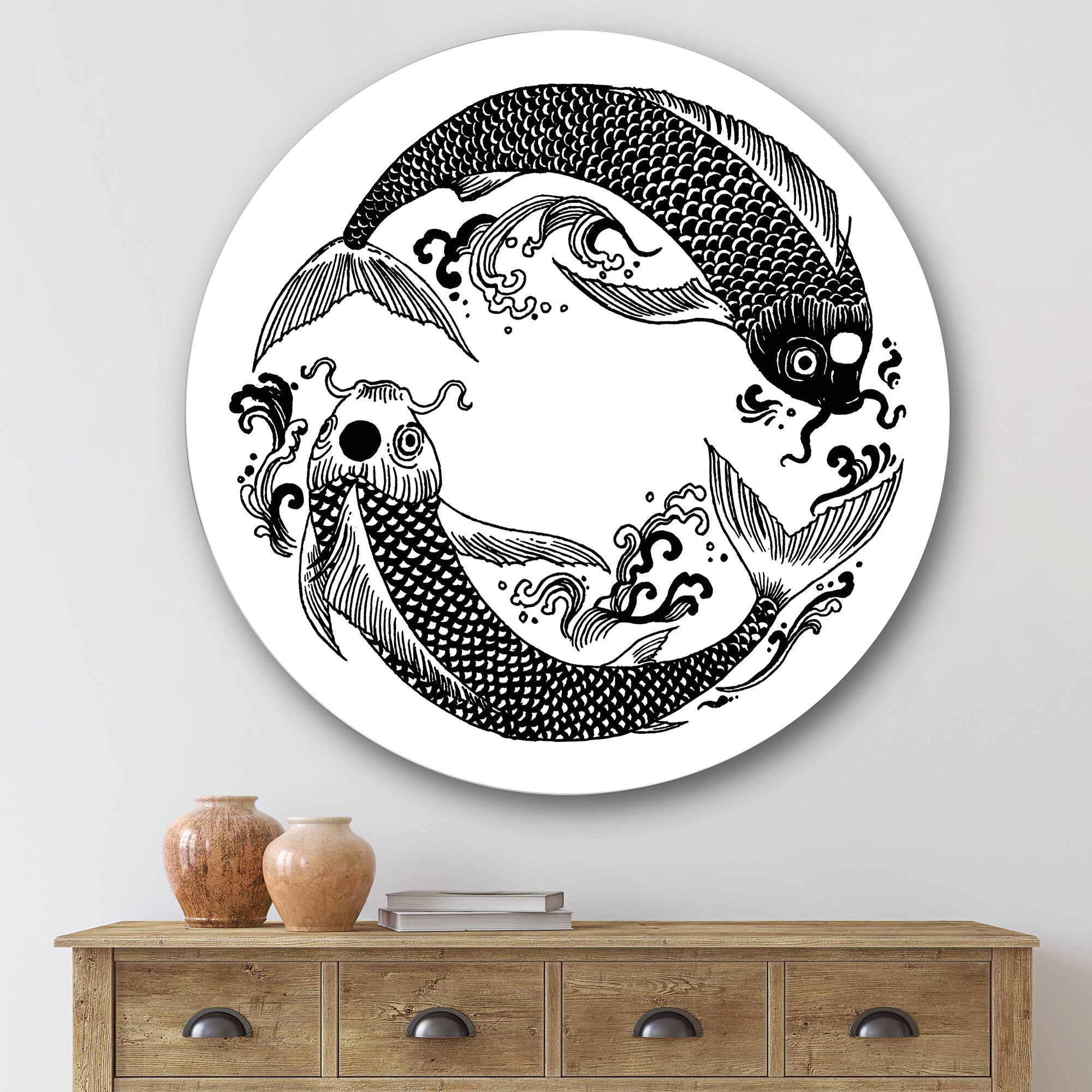 Designart - Chinese Koi Fish In Chinoiserie Style III - Nautical & Coastal Metal Circle Wall Art