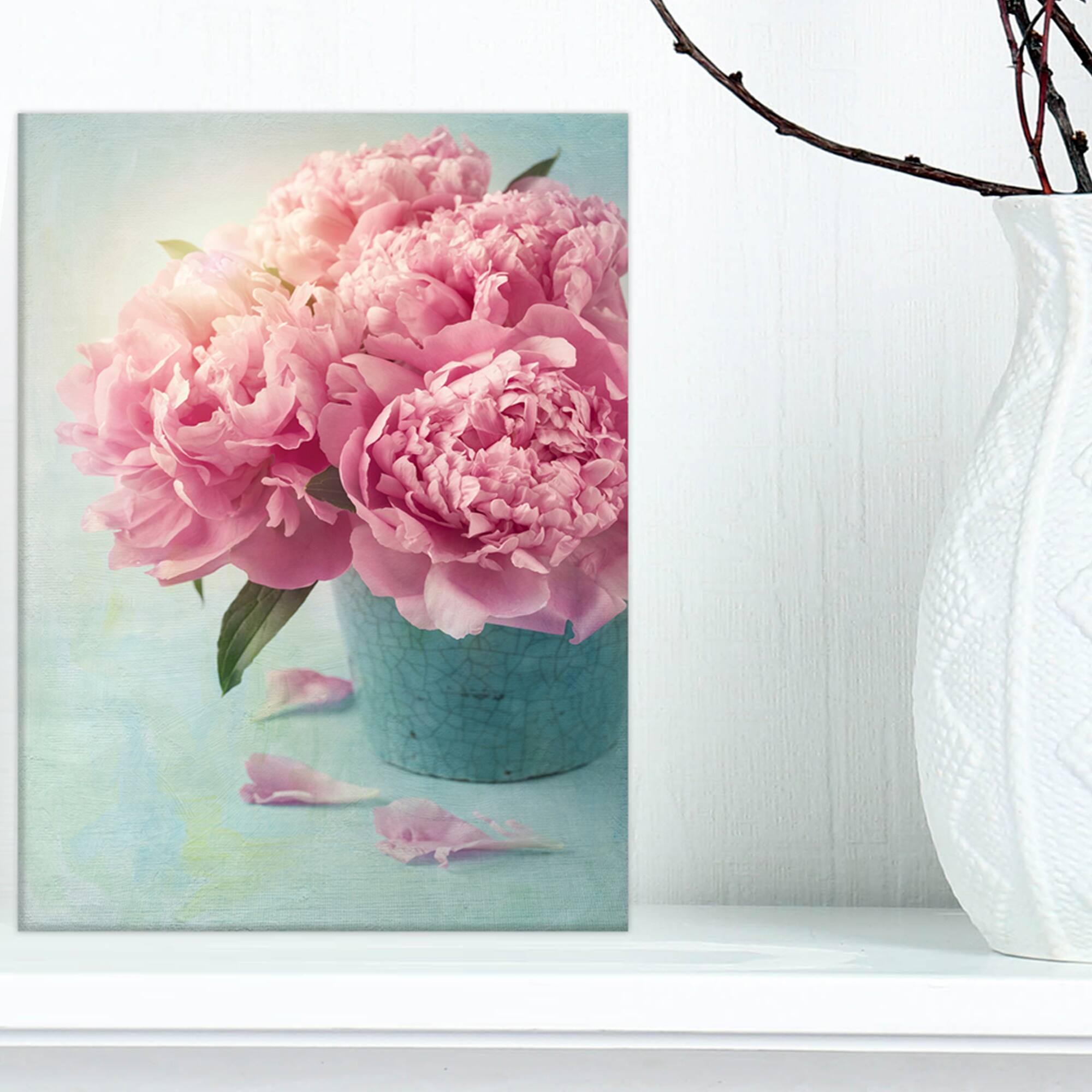 Designart - Pink Peony Flowers in Vase - Large Floral Wall Art Canvas