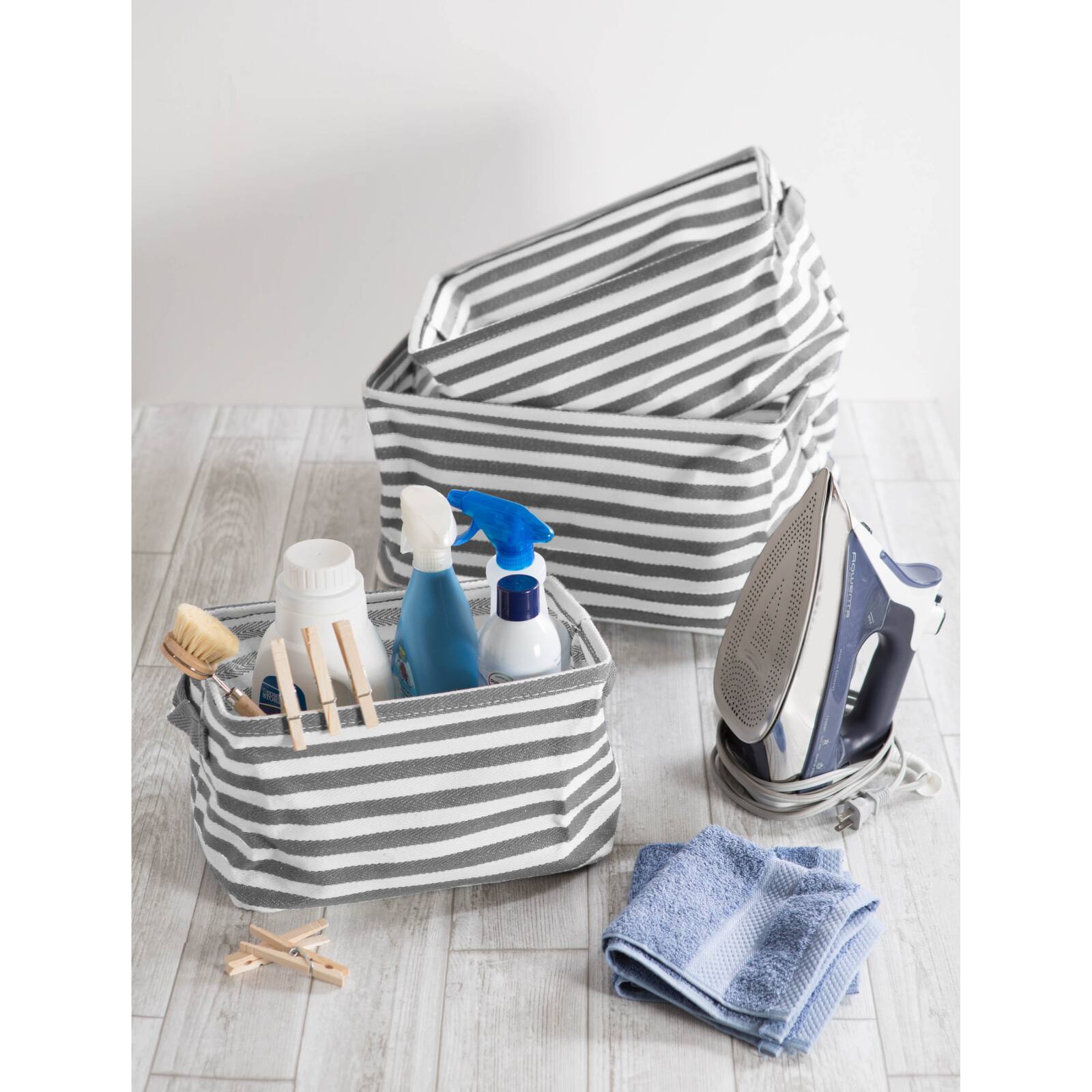 DII® Stripes PE-Coated Herringbone Woven Cotton Laundry Bin Set