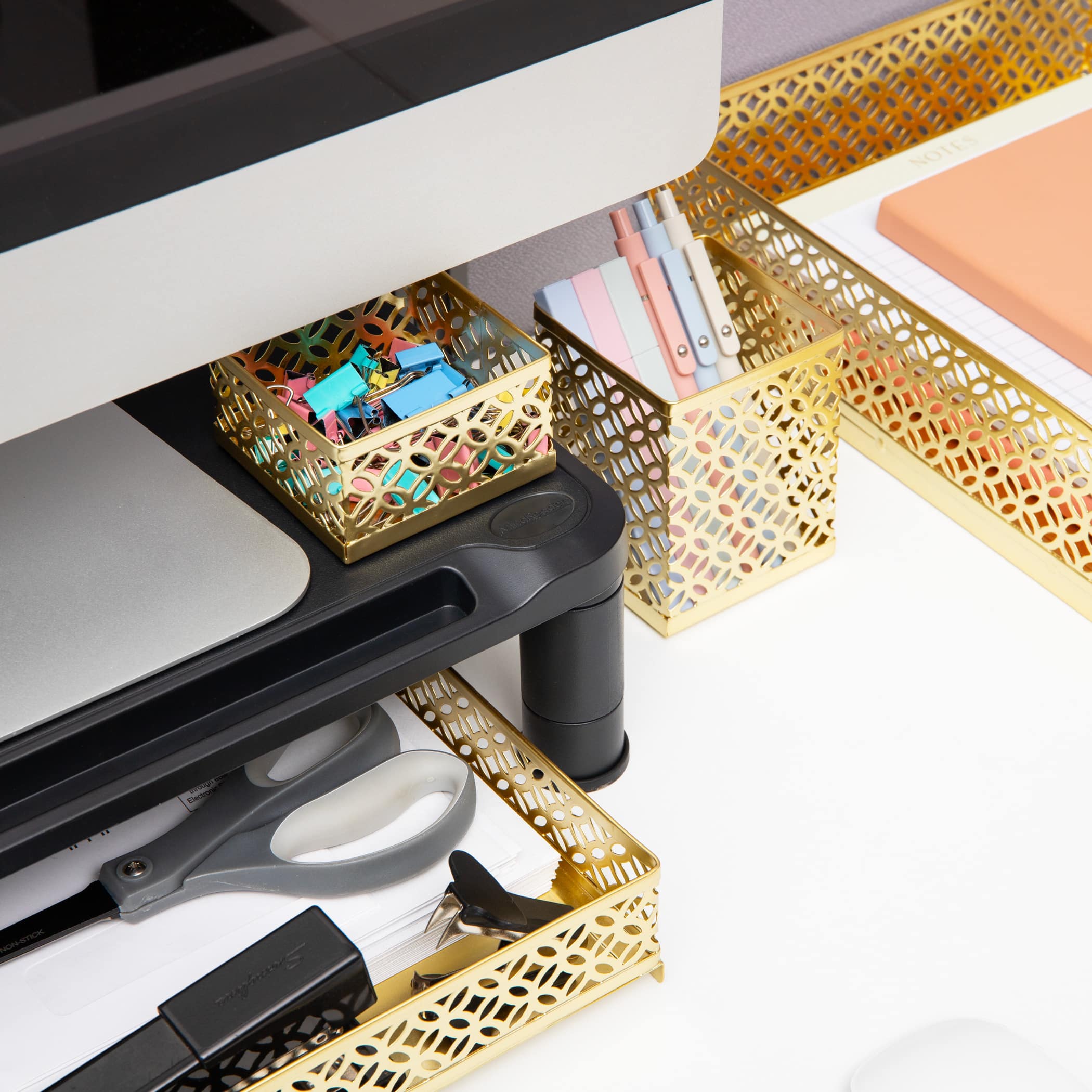 Mind Reader Gold Desk Organizer Set, Includes Pen Cup, Catchall Tray, File Box & Paper Tray, 4-Piece Metal Desktop Accessory Kit