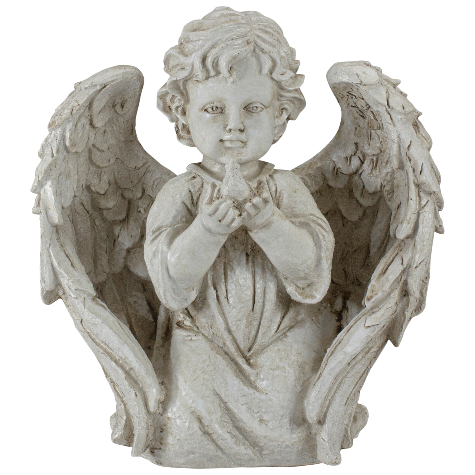 10" Ivory Kneeling Cherub Angel with Dove Garden Statue