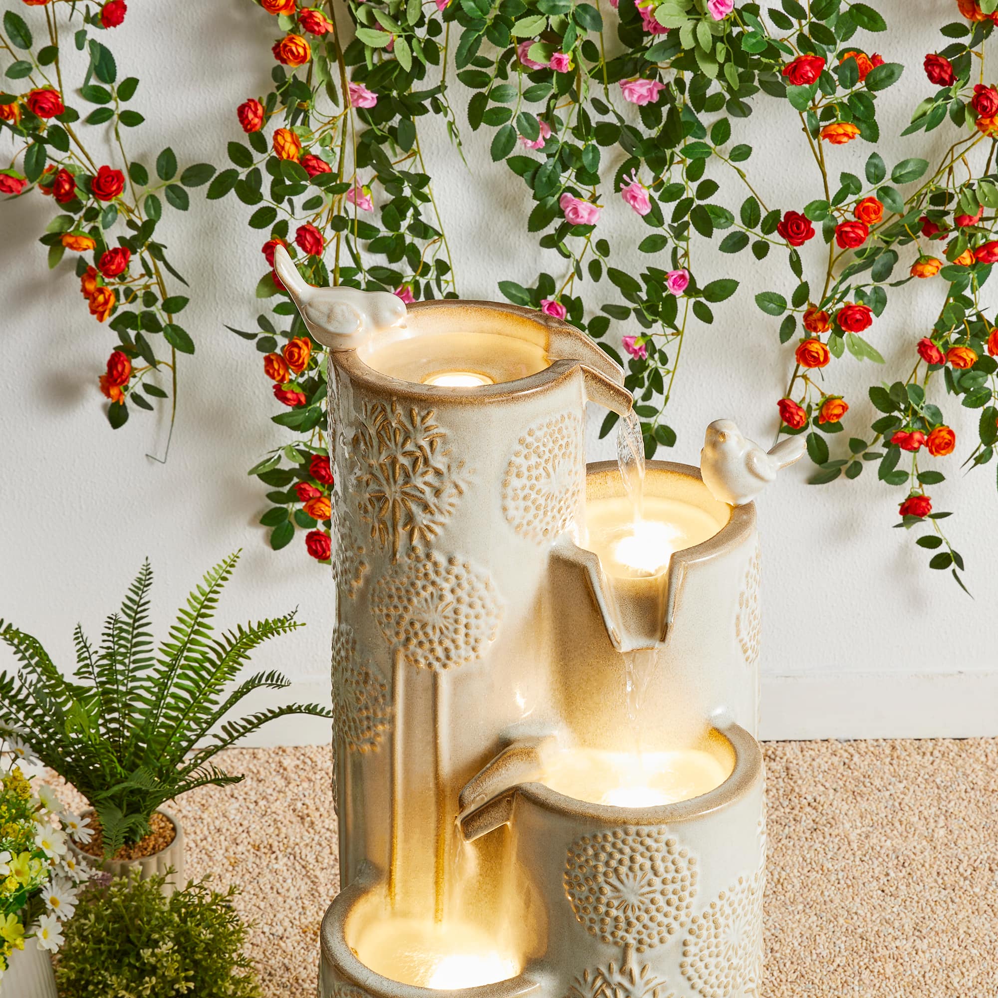 Glitzhome&#xAE; 31.75&#x22; Beige 4-Tier Dandelion Texture Vase-Shaped Ceramic Outdoor Fountain with LED Light