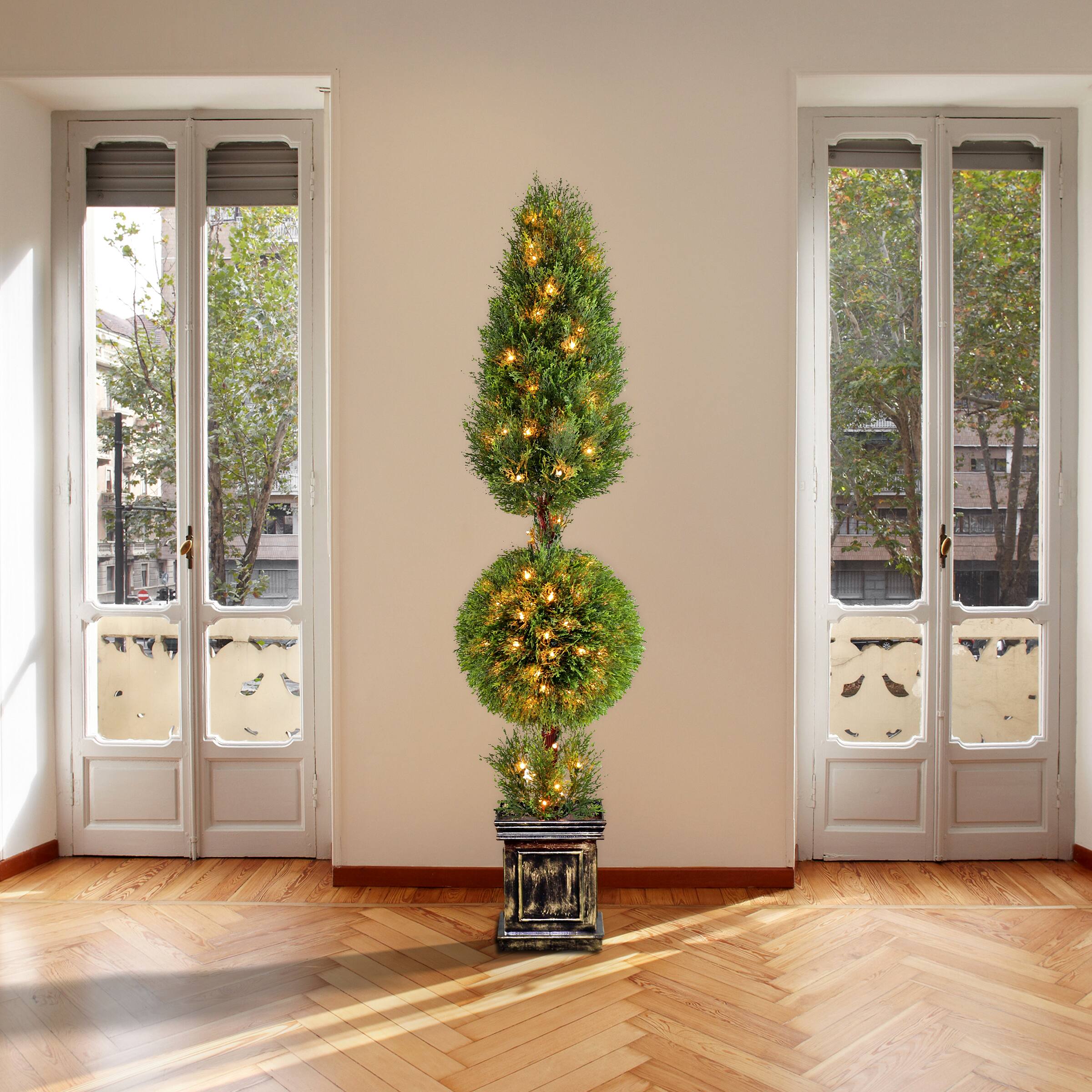 5ft. Pre-Lit Juniper Cone &#x26; Ball Topiary Tree with Black Square Pot, 150 Clear Lights