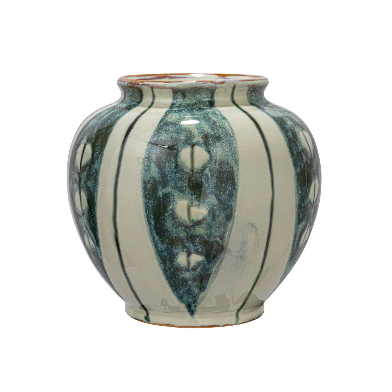 Hello Honey® 9" Cream & Green Reactive Glaze Striped Round Hand-Painted Stoneware Vase