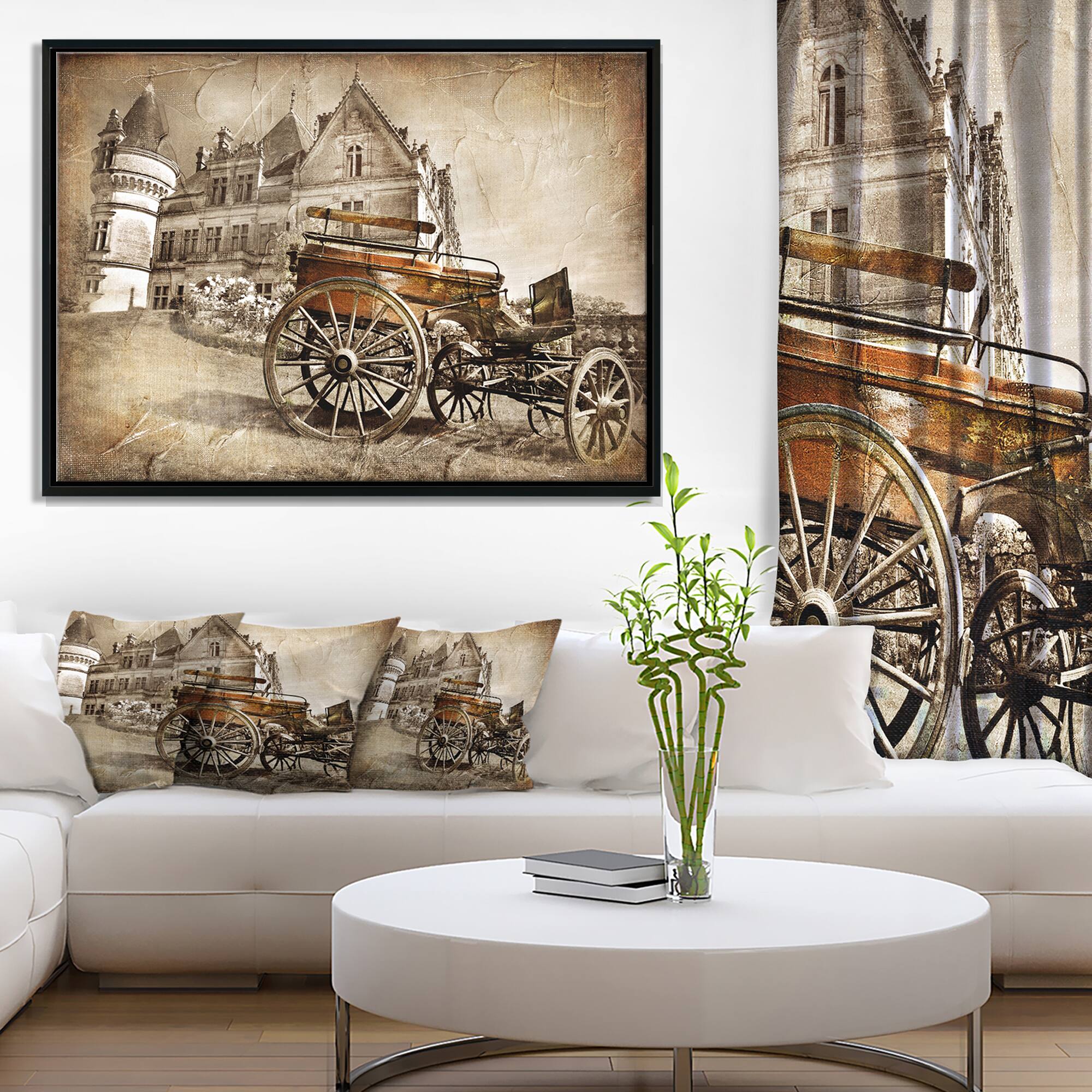 Designart - Medieval Castle with Carriage - Contemporary Canvas Art Print in Black Frame