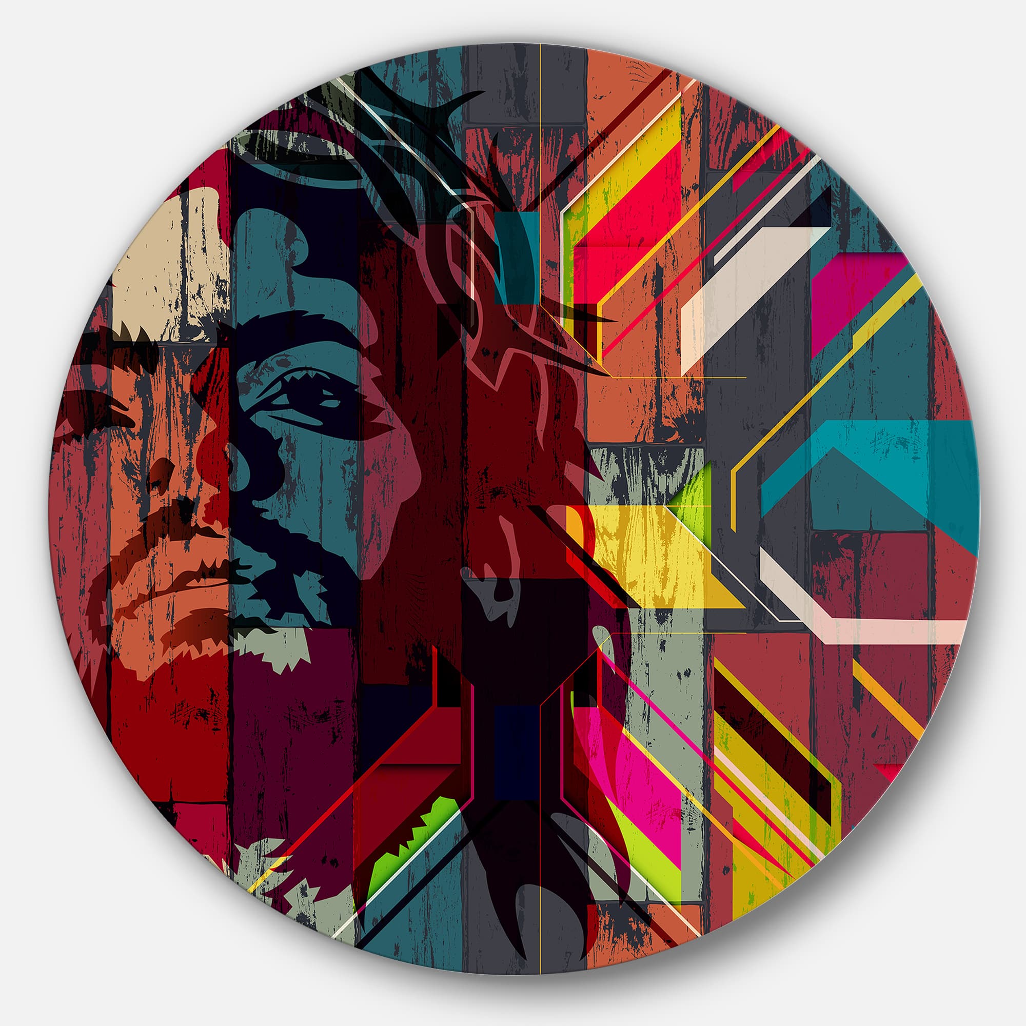 Designart - Jesus over Abstract Wooden Design' Ultra Glossy Large Abstract Oversized Metal Circle Wall Art