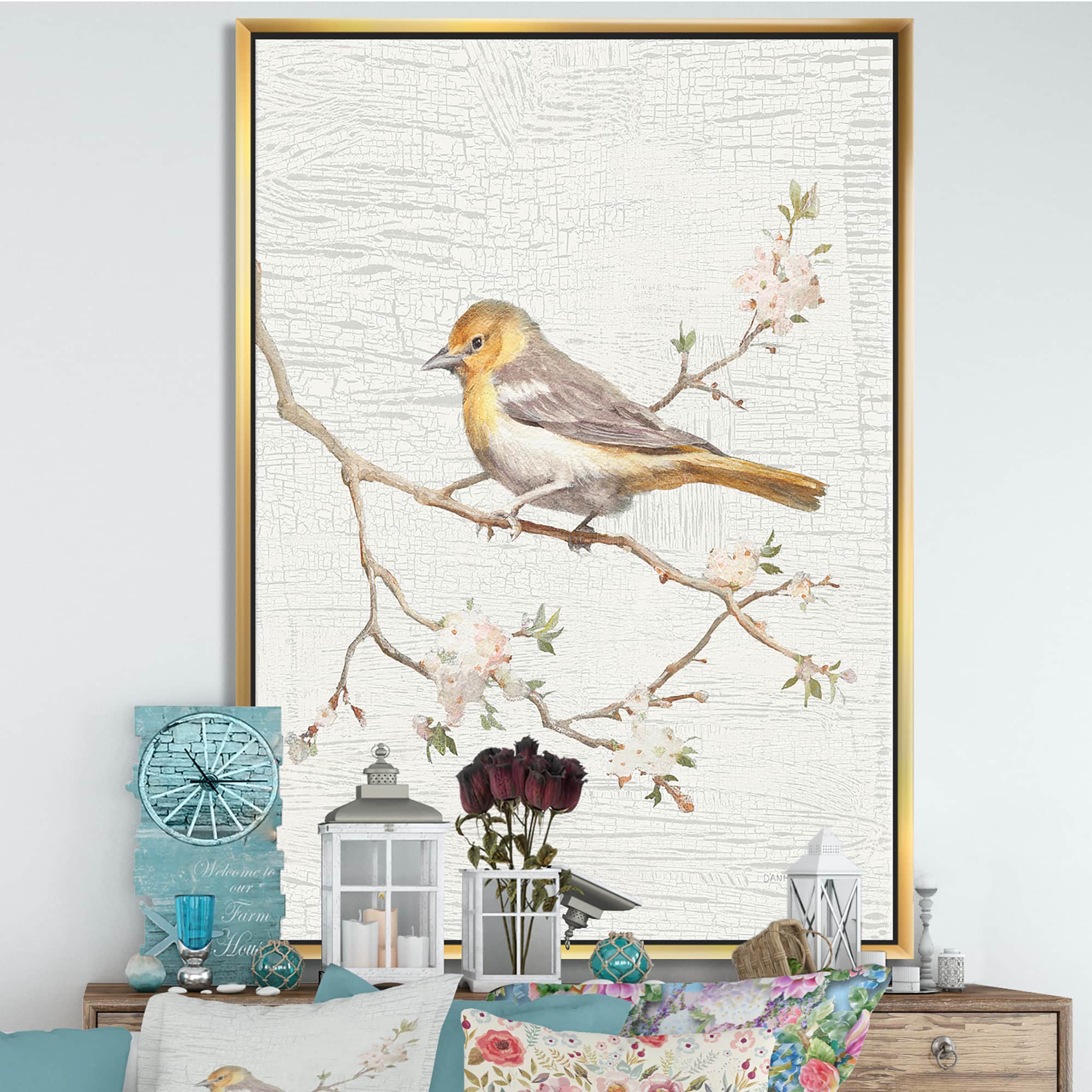Designart - Birds on Blossom II - Farmhouse Canvas in Gold Frame