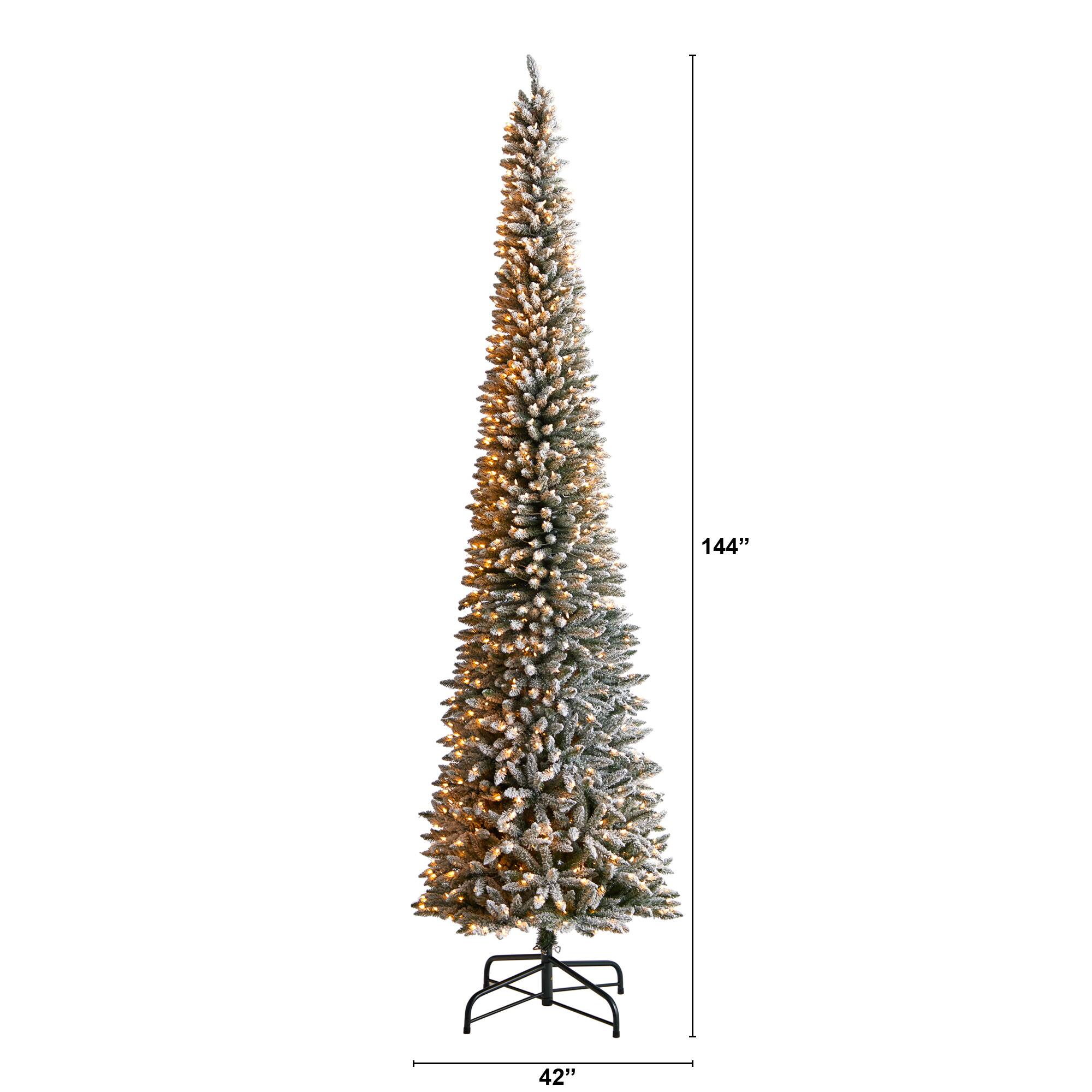 12ft. Pre-Lit Flocked Artificial Pencil Christmas Tree, Clear Lights